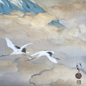 Japanese Hanging Scroll Kawabata Ryushi Mount Fuji Cranes Kakejiku Color KJ8