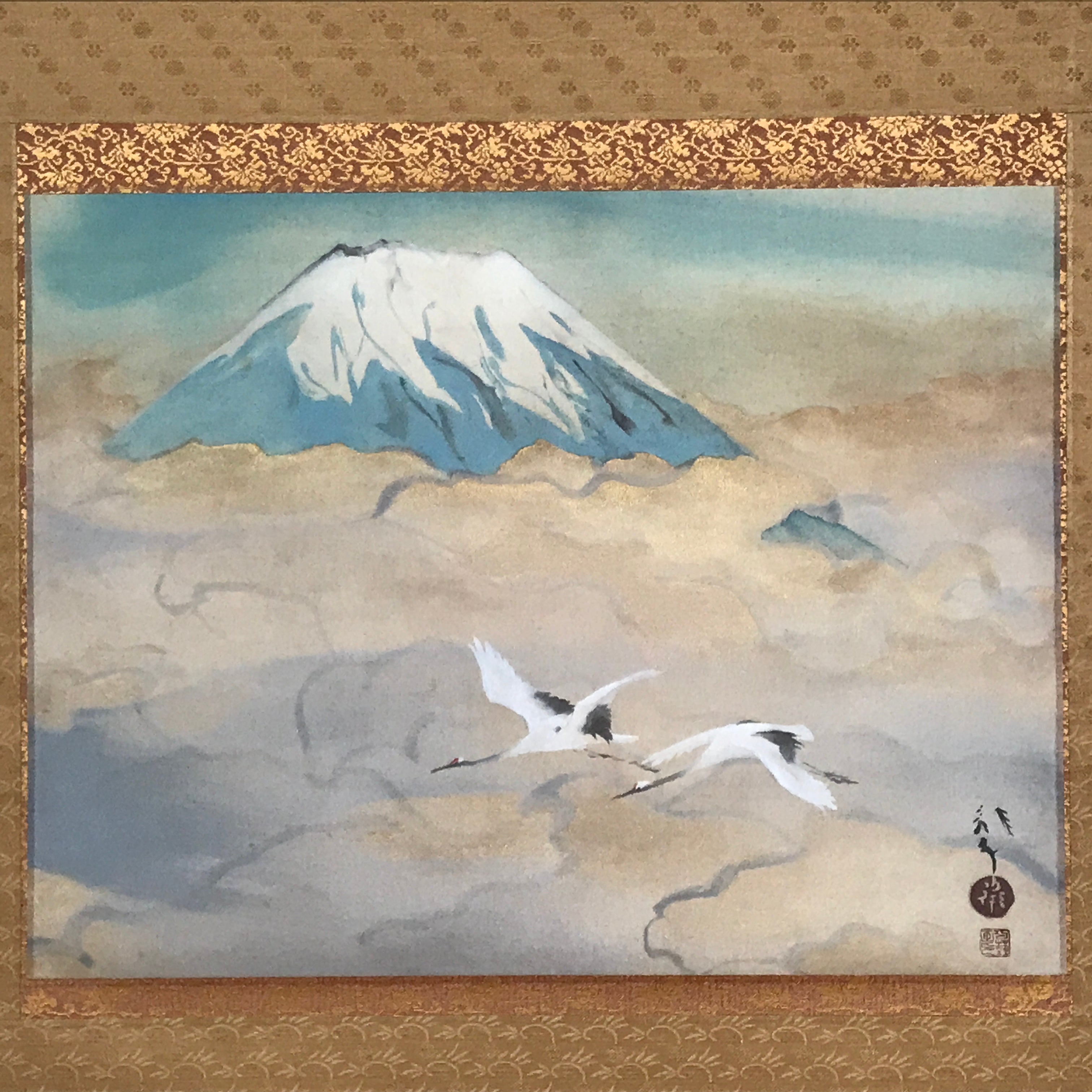 Japanese Hanging Scroll Kawabata Ryushi Mount Fuji Cranes Kakejiku Color KJ8