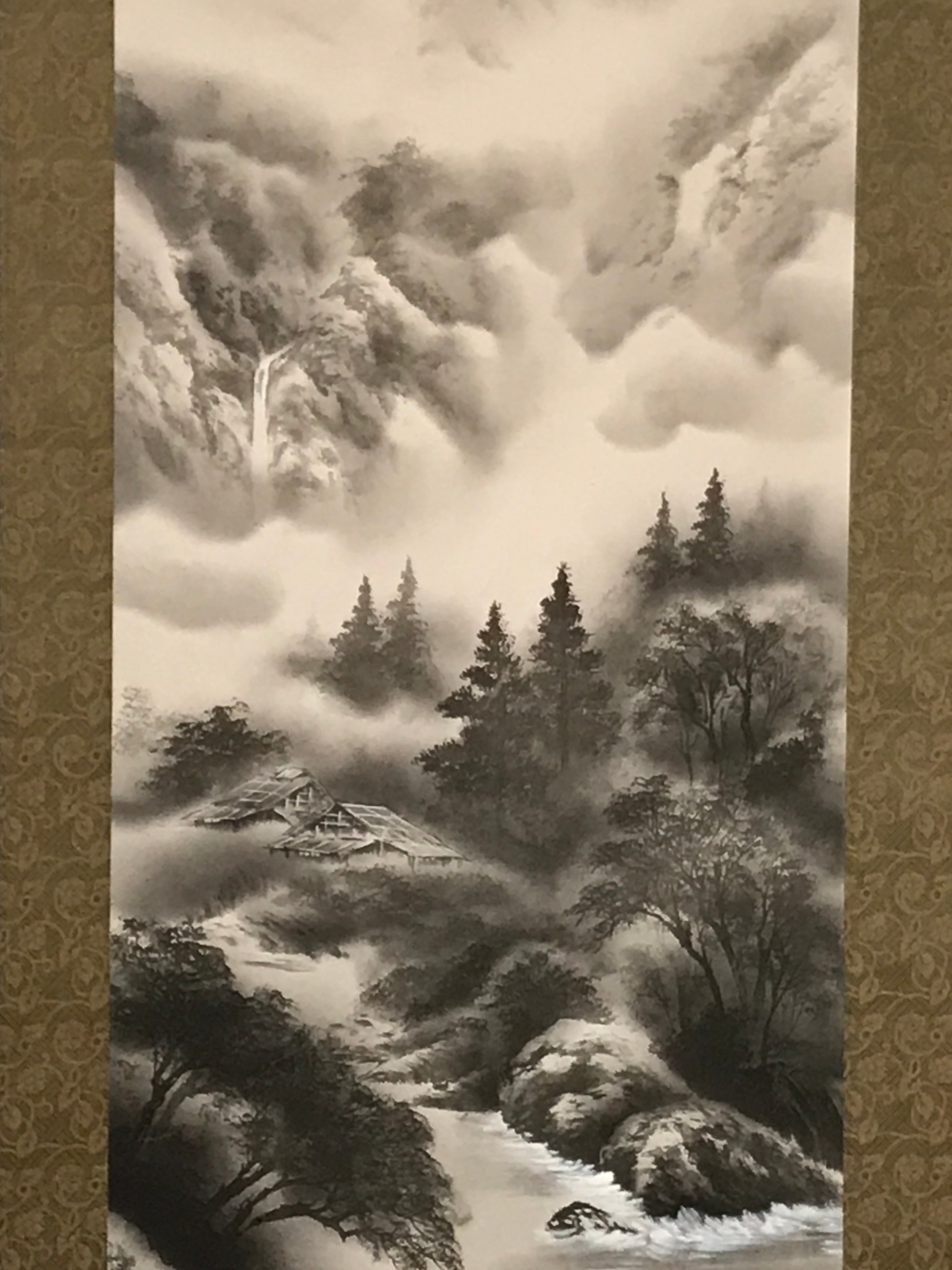 Japanese Hanging Scroll Landscape Mountains Sansui Kakejiku Black White KJ18