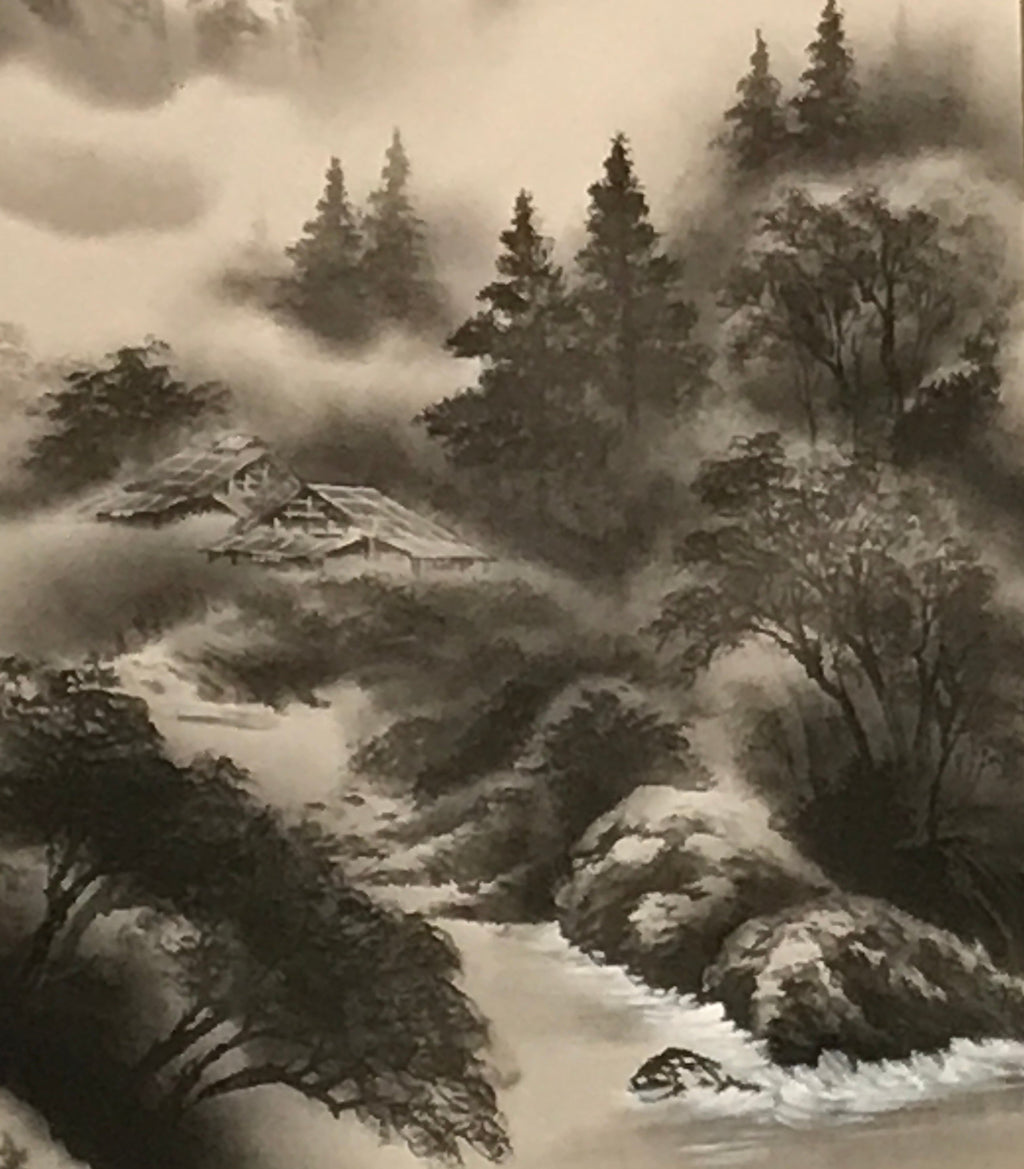 Japanese Hanging Scroll Landscape Mountains Sansui Kakejiku Black White KJ18