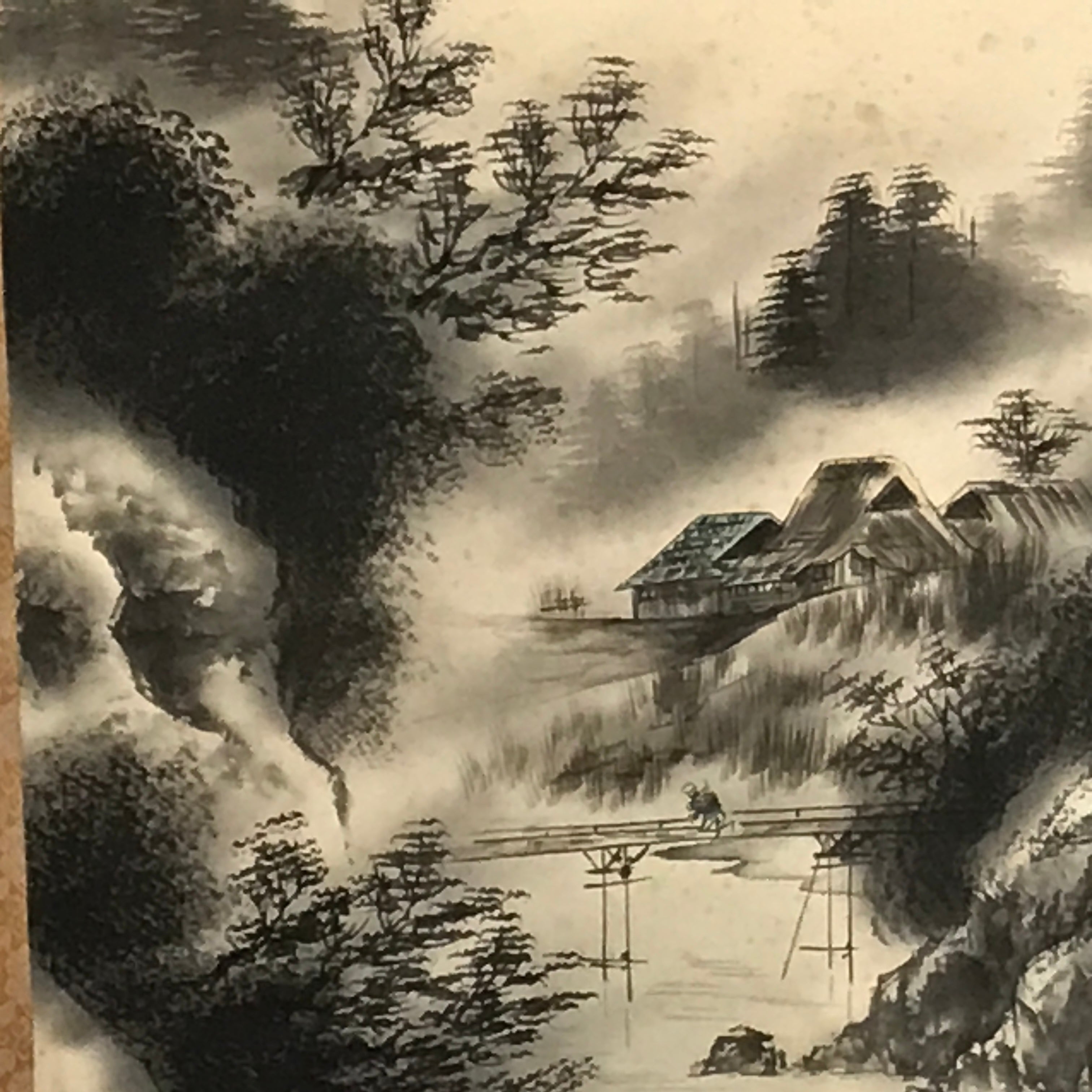 Japanese Hanging Scroll Landscape Mountains Sansui Kakejiku Black