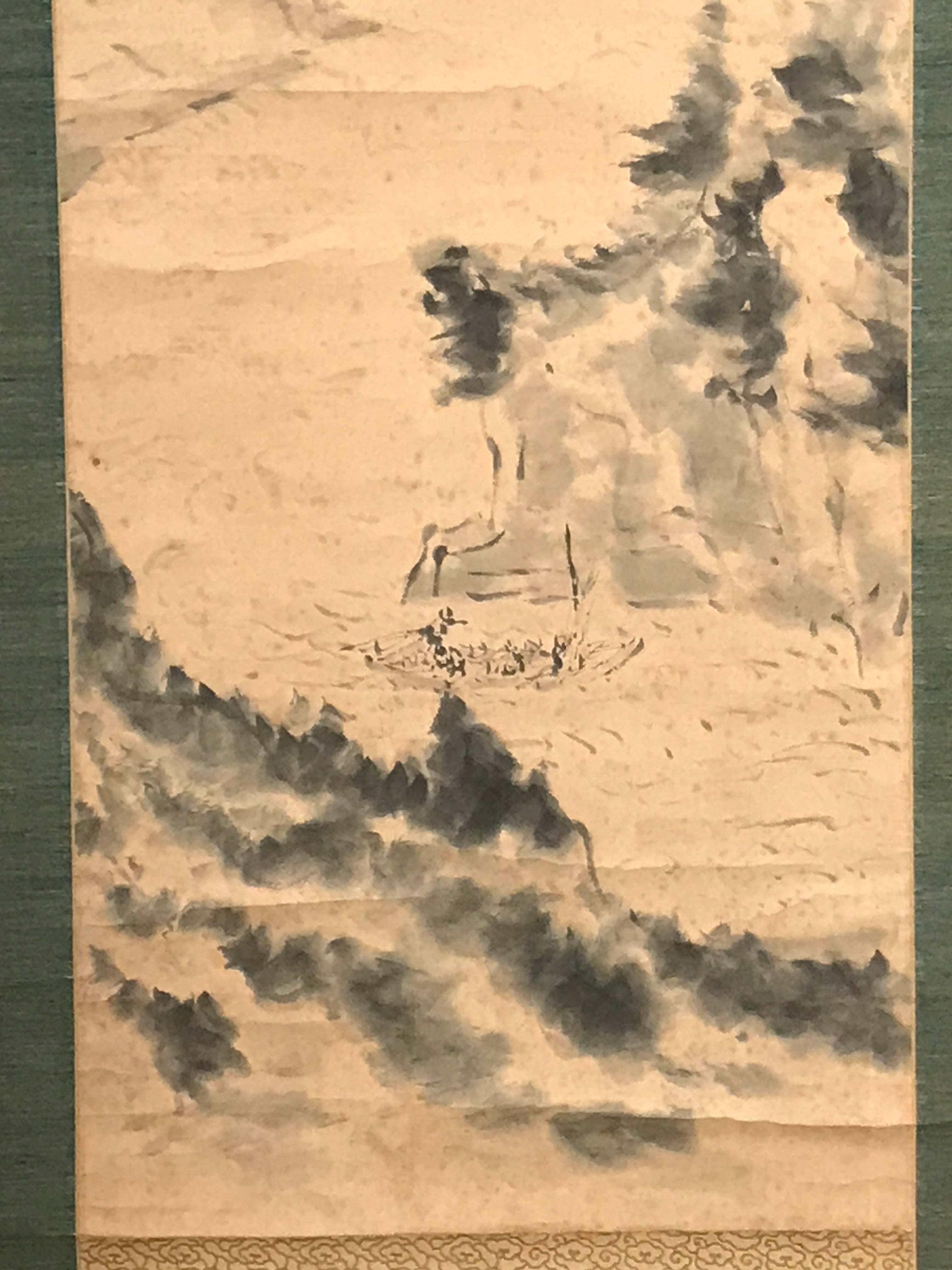 Japanese Hanging Scroll Landscape River Boats Tree Kakejiku Monochrome KJ29