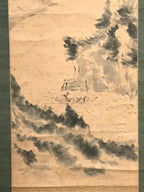 Japanese Hanging Scroll Landscape River Boats Tree Kakejiku Monochrome KJ29