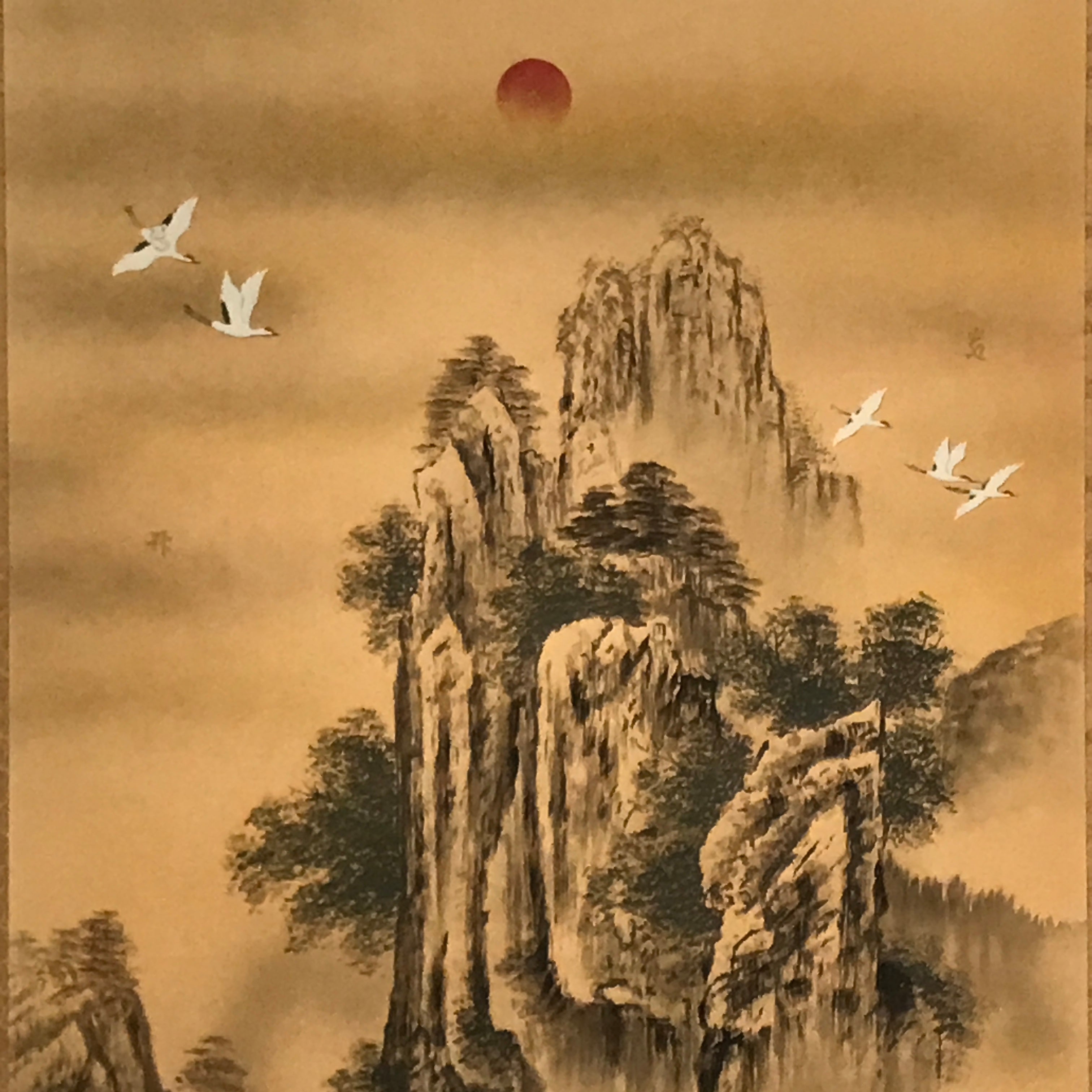 Japanese Hanging Scroll Landscape Sansui Rising Sun Plum Tree Kakejiku KJ9