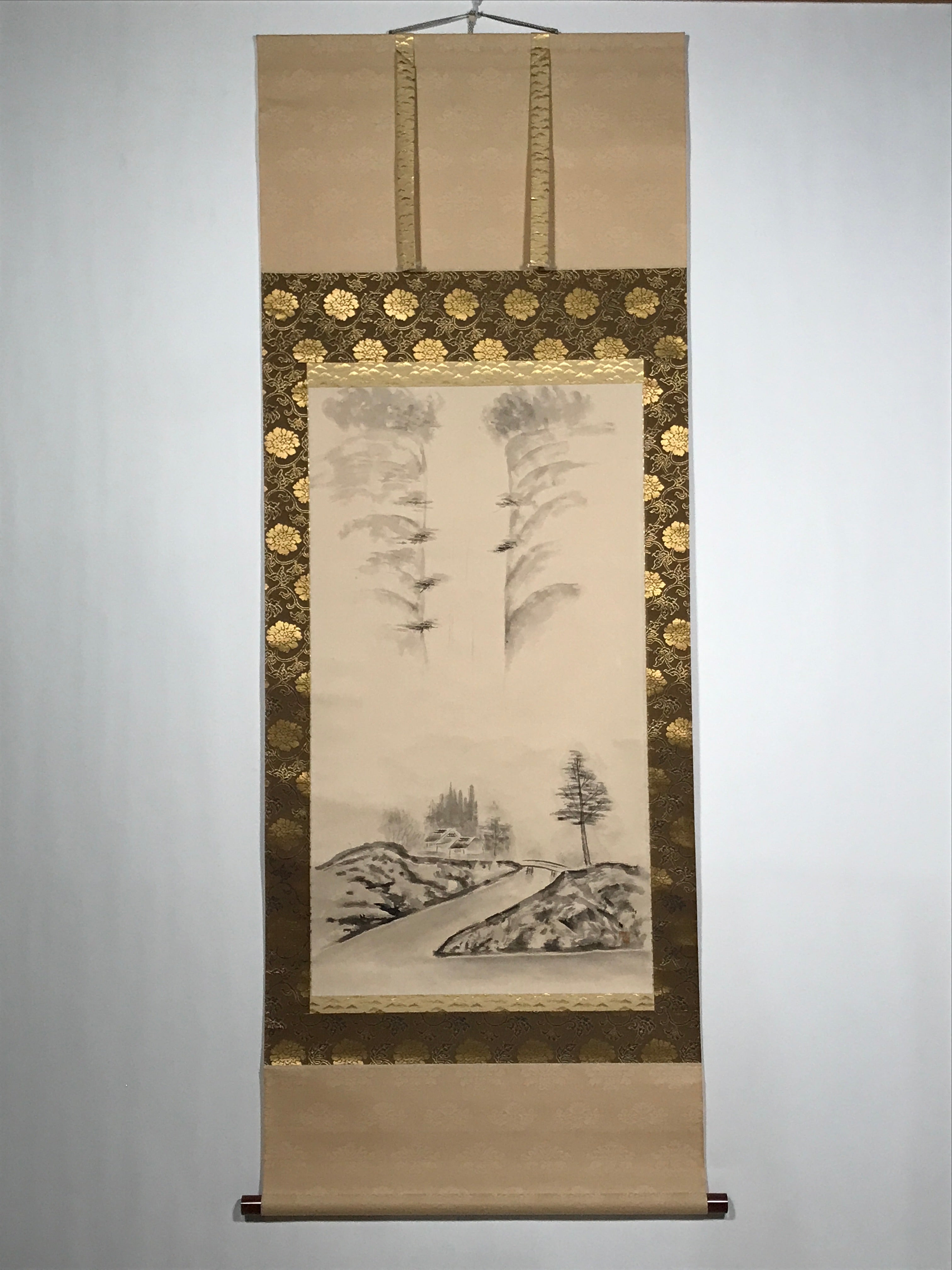 Japanese Hanging Scroll Landscape Waterfall River Kakejiku Black White KJ7