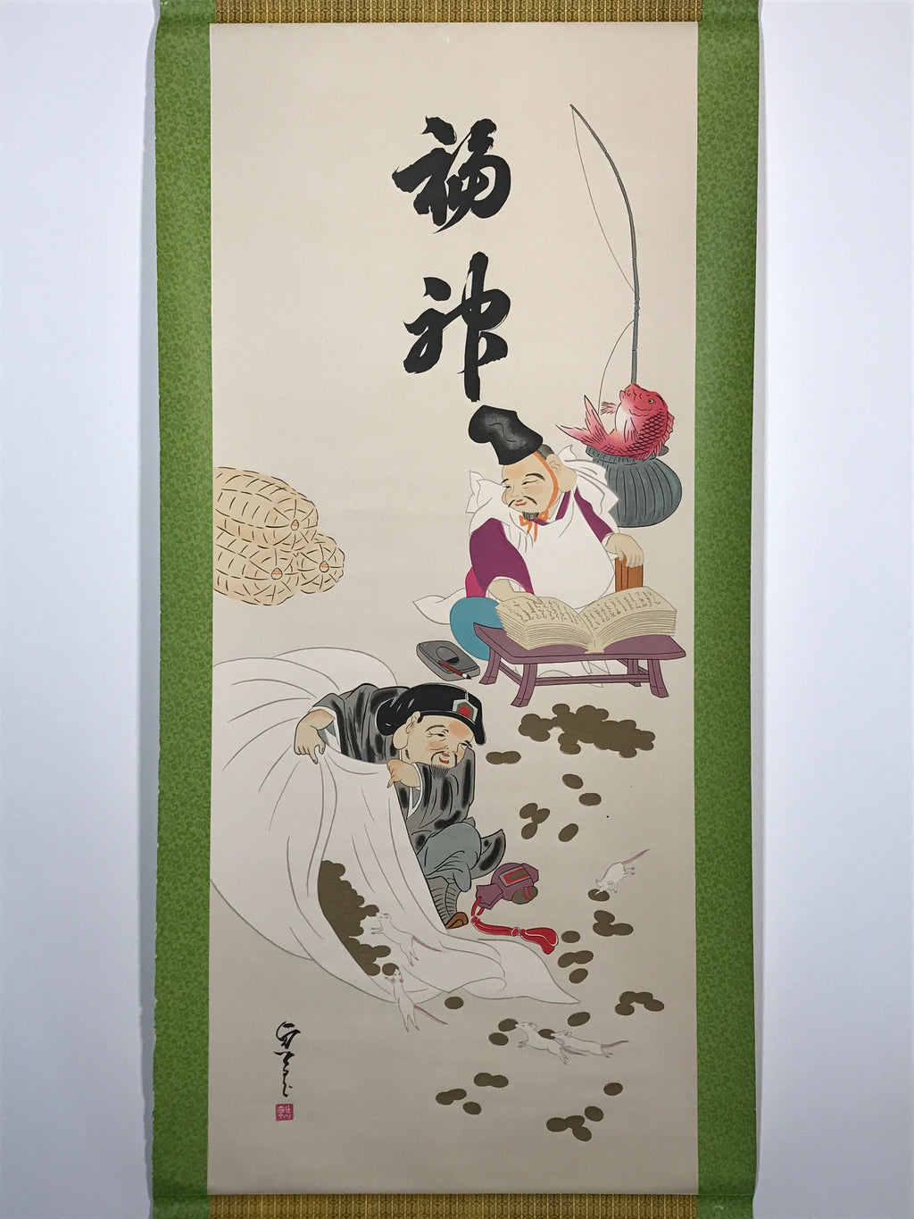 Japanese Hanging Scroll Printed Lucky Gods Ebis Daikoku Kakejiku Kakemono SC771