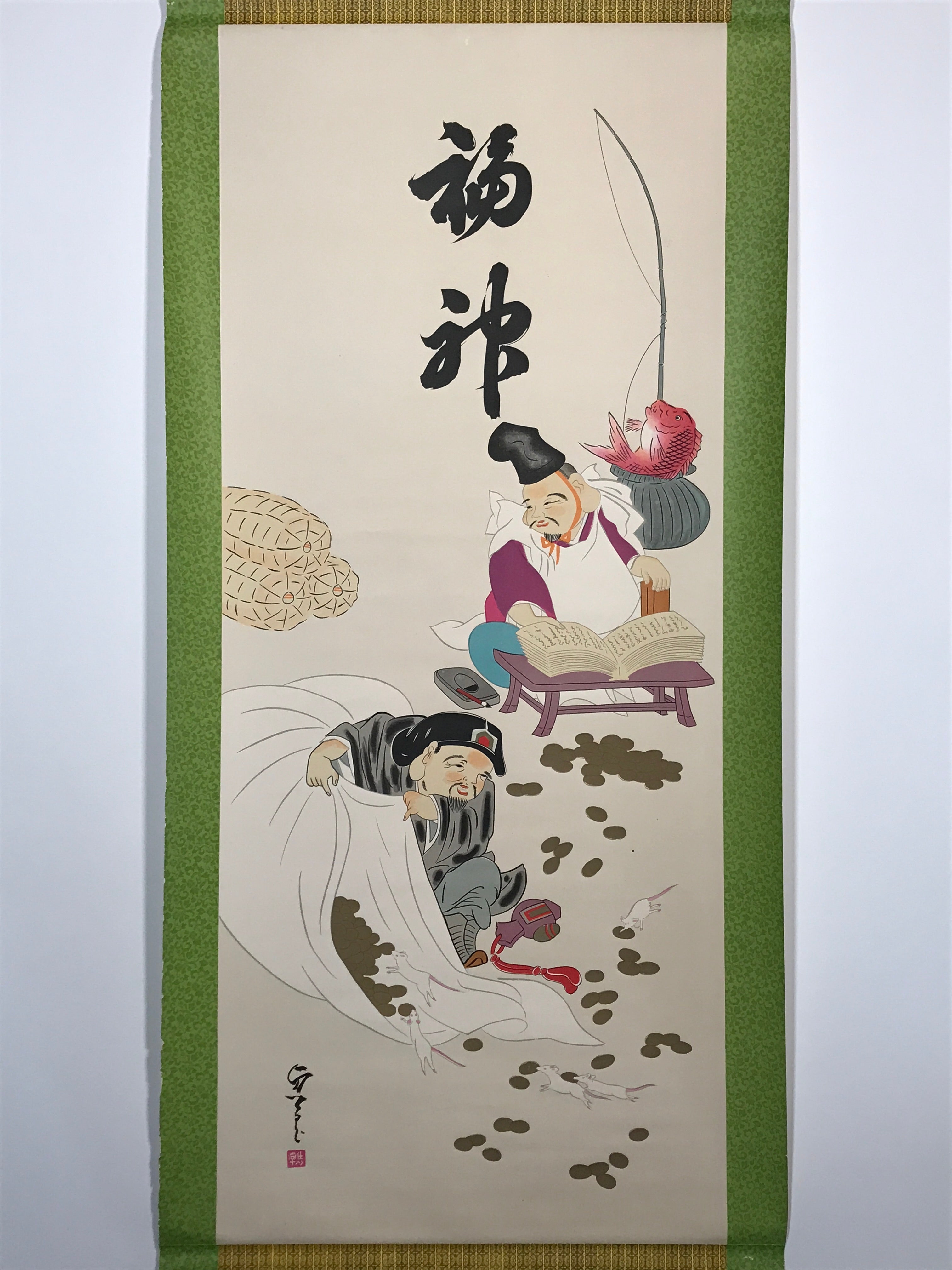 Japanese Hanging Scroll Printed Lucky Gods Ebis Daikoku Kakejiku Kakemono SC771