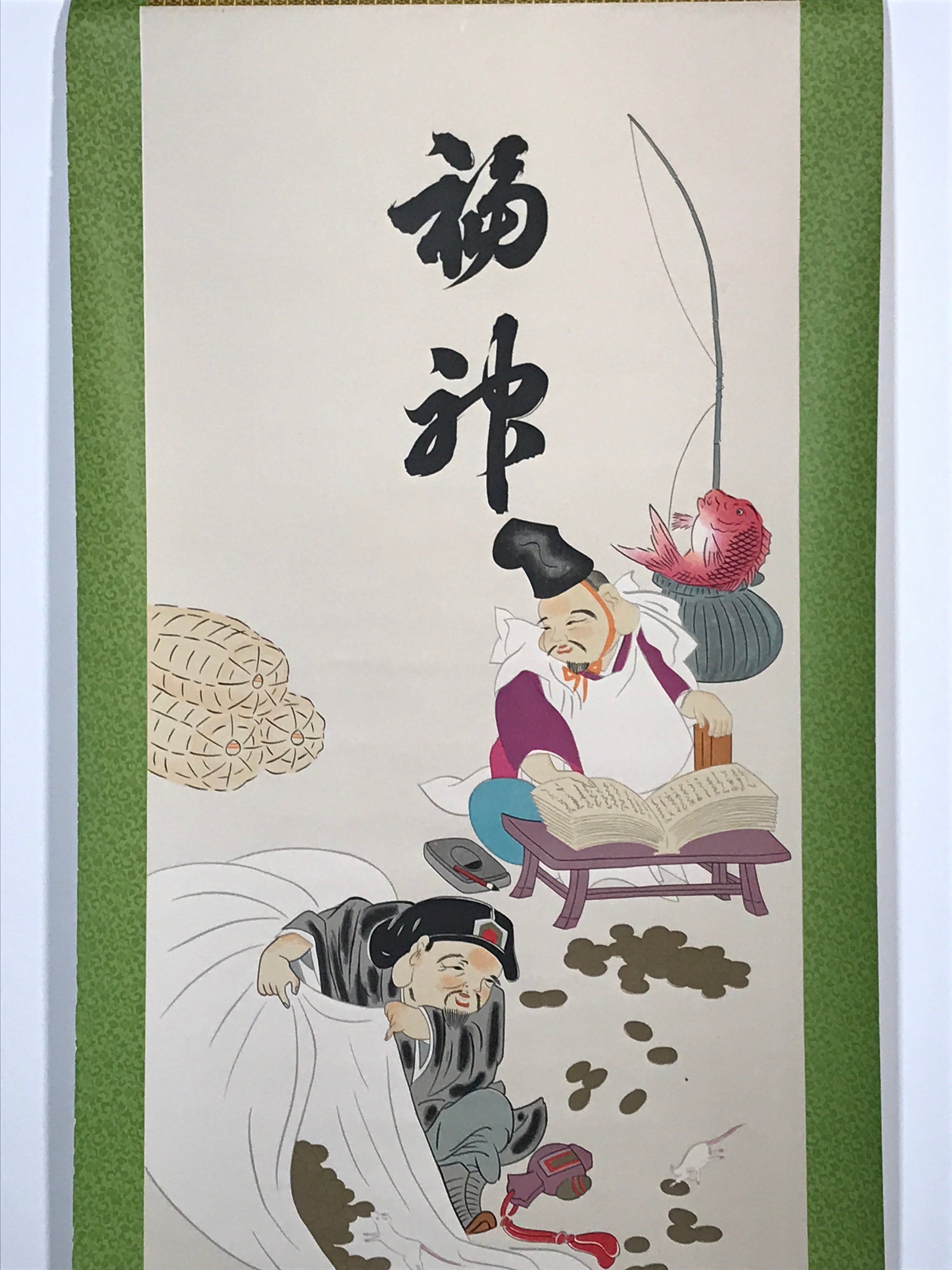 Japanese Hanging Scroll Printed Lucky Gods Ebis Daikoku Kakejiku Kakemono SC771