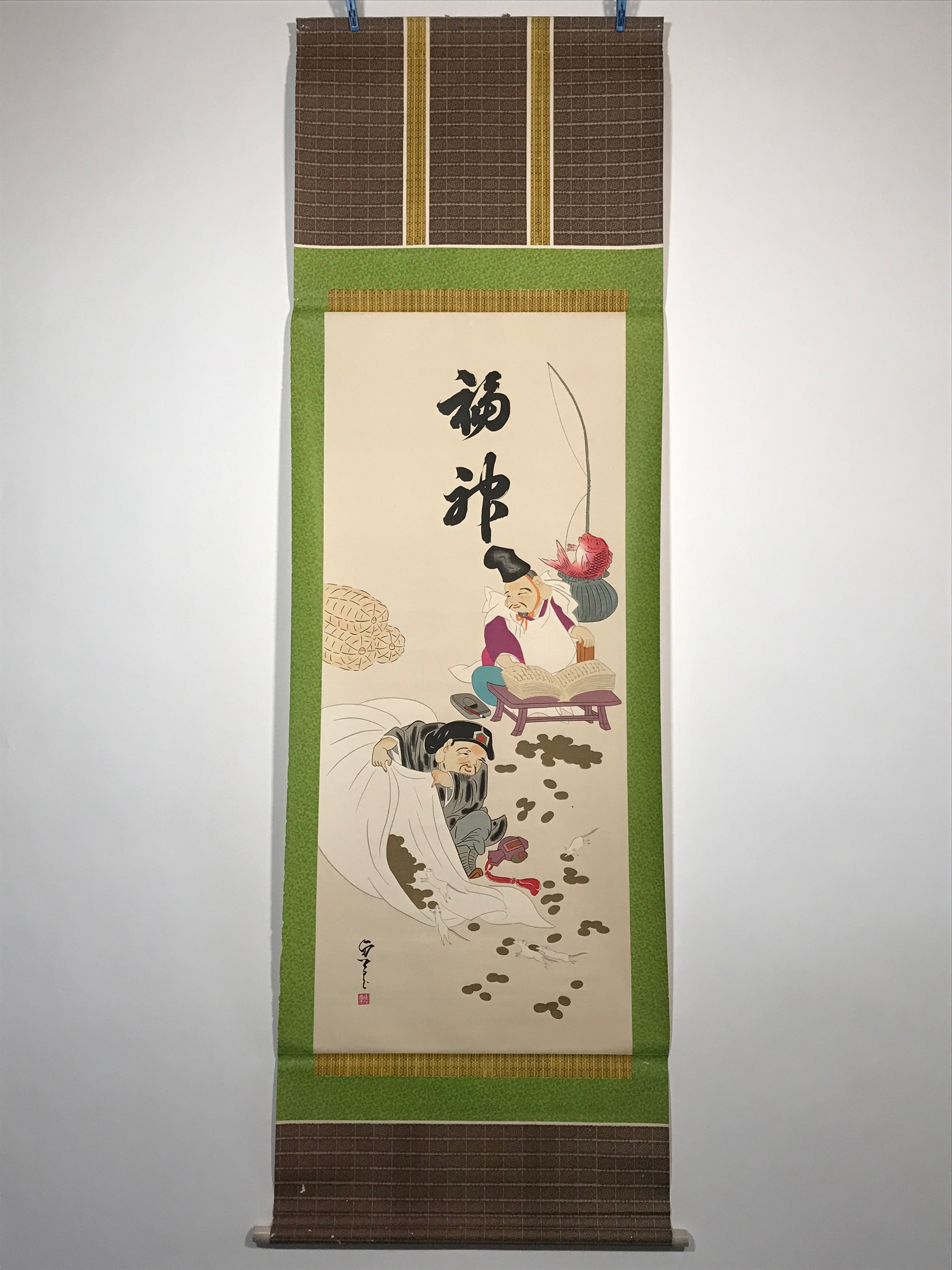 Japanese Hanging Scroll Printed Lucky Gods Ebis Daikoku Kakejiku Kakemono SC771