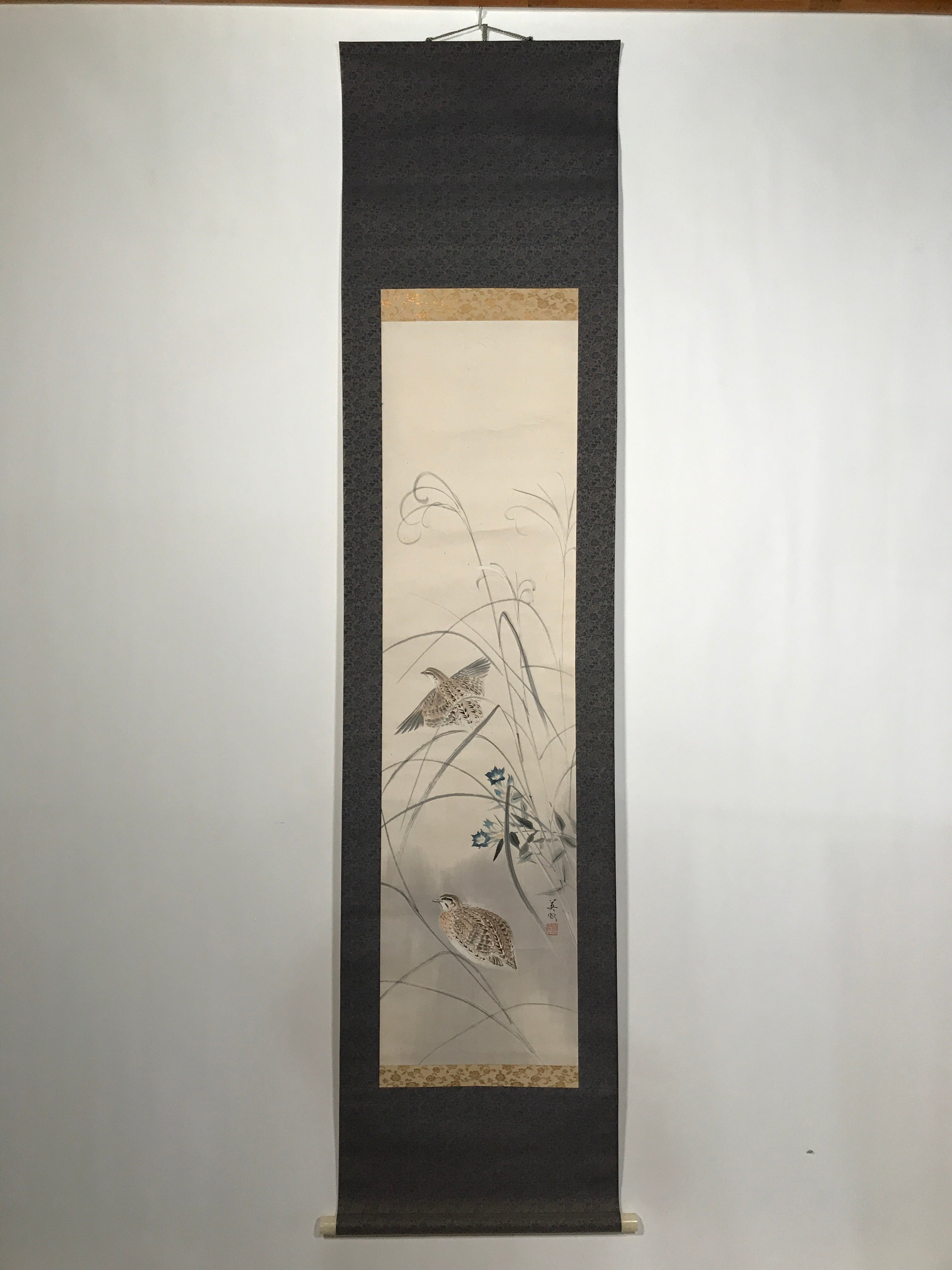 Japanese Hanging Scroll Quails Birds Bell Flowers Pampas Grass Kakejiku KJ27