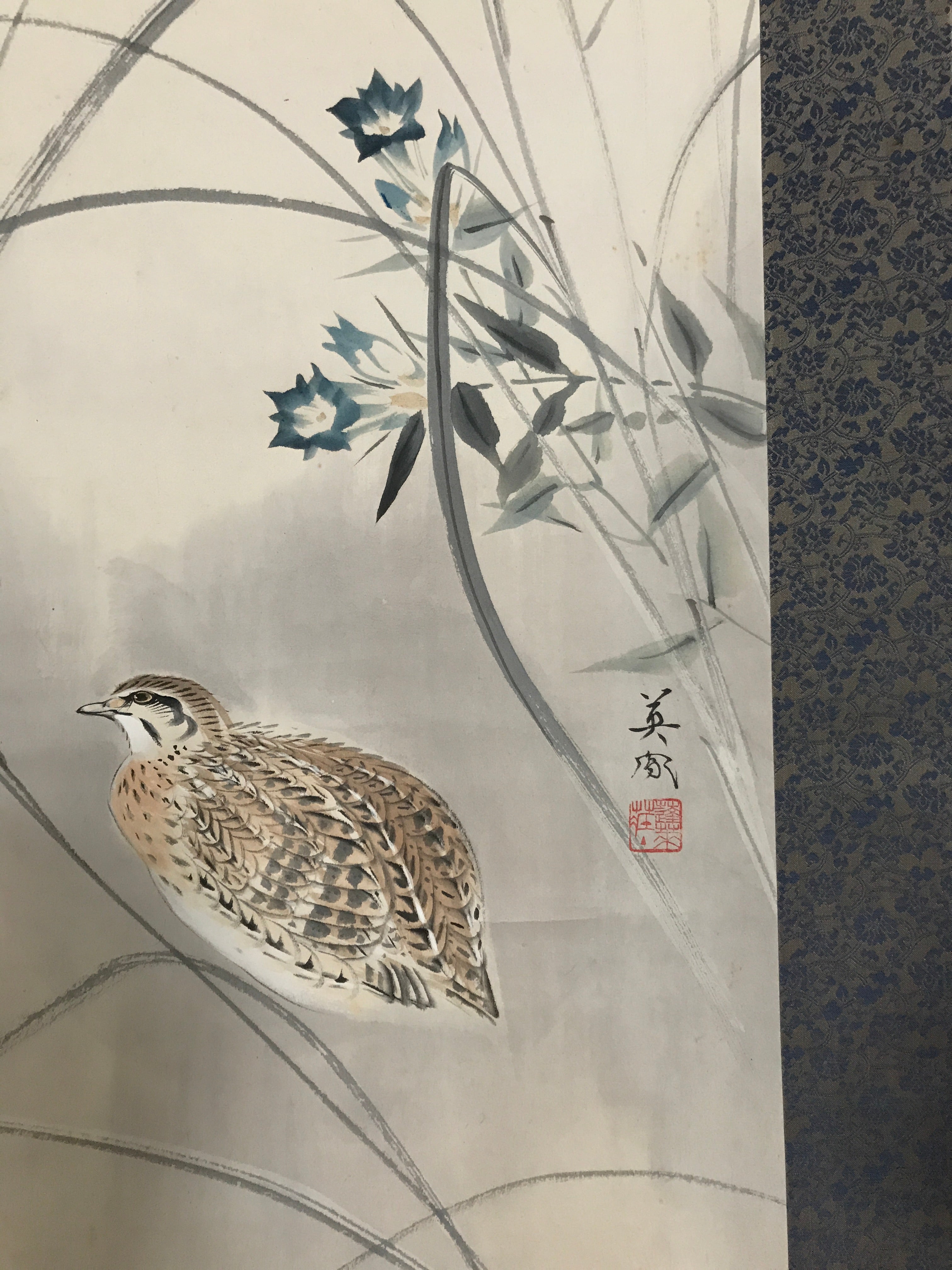 Japanese Hanging Scroll Quails Birds Bell Flowers Pampas Grass Kakejiku KJ27