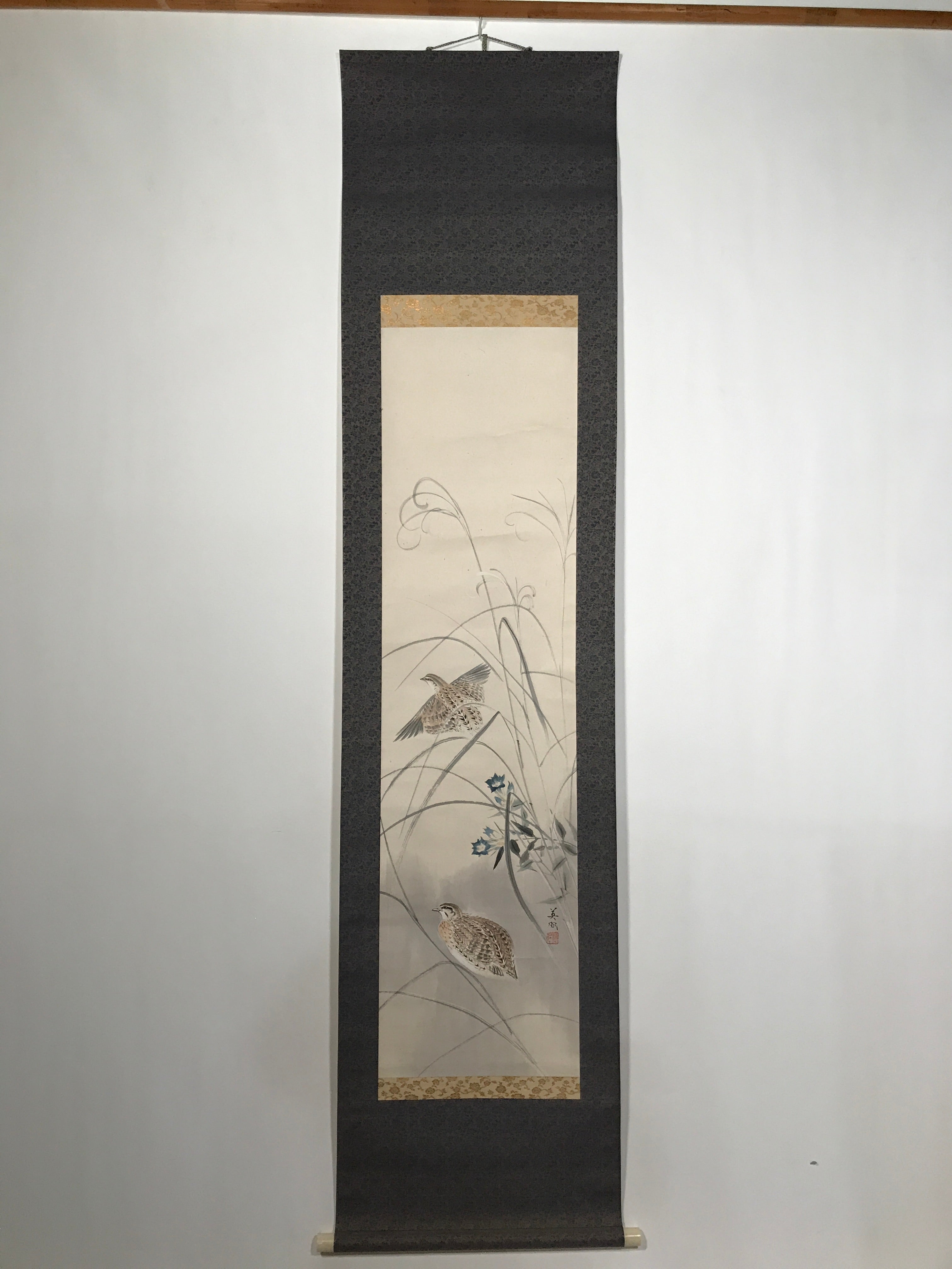 Japanese Hanging Scroll Quails Birds Bell Flowers Pampas Grass Kakejiku KJ27
