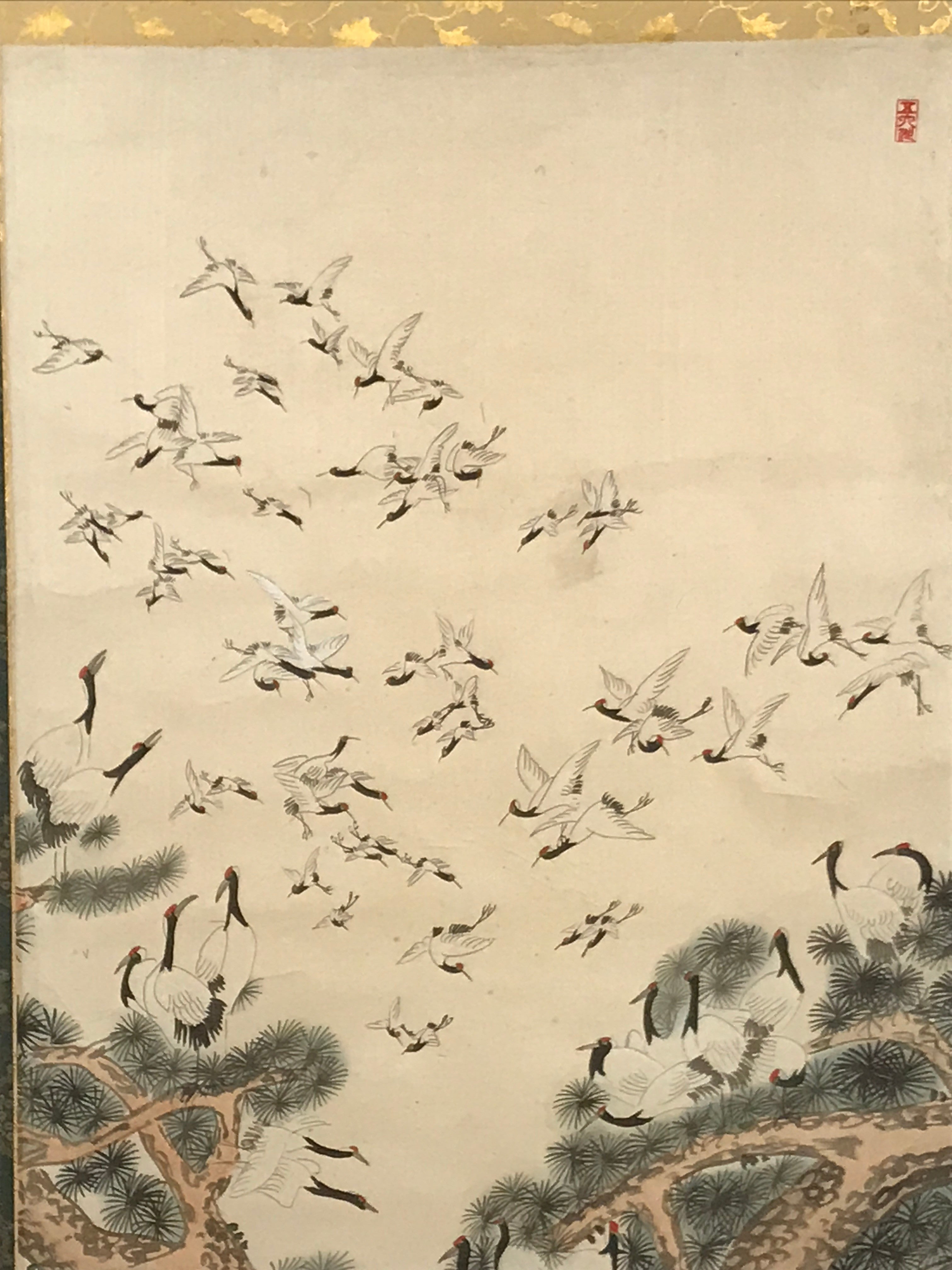 Japanese Hanging Scroll Vtg 100 Cranes Pine Tree Kakejiku Makimono SC807