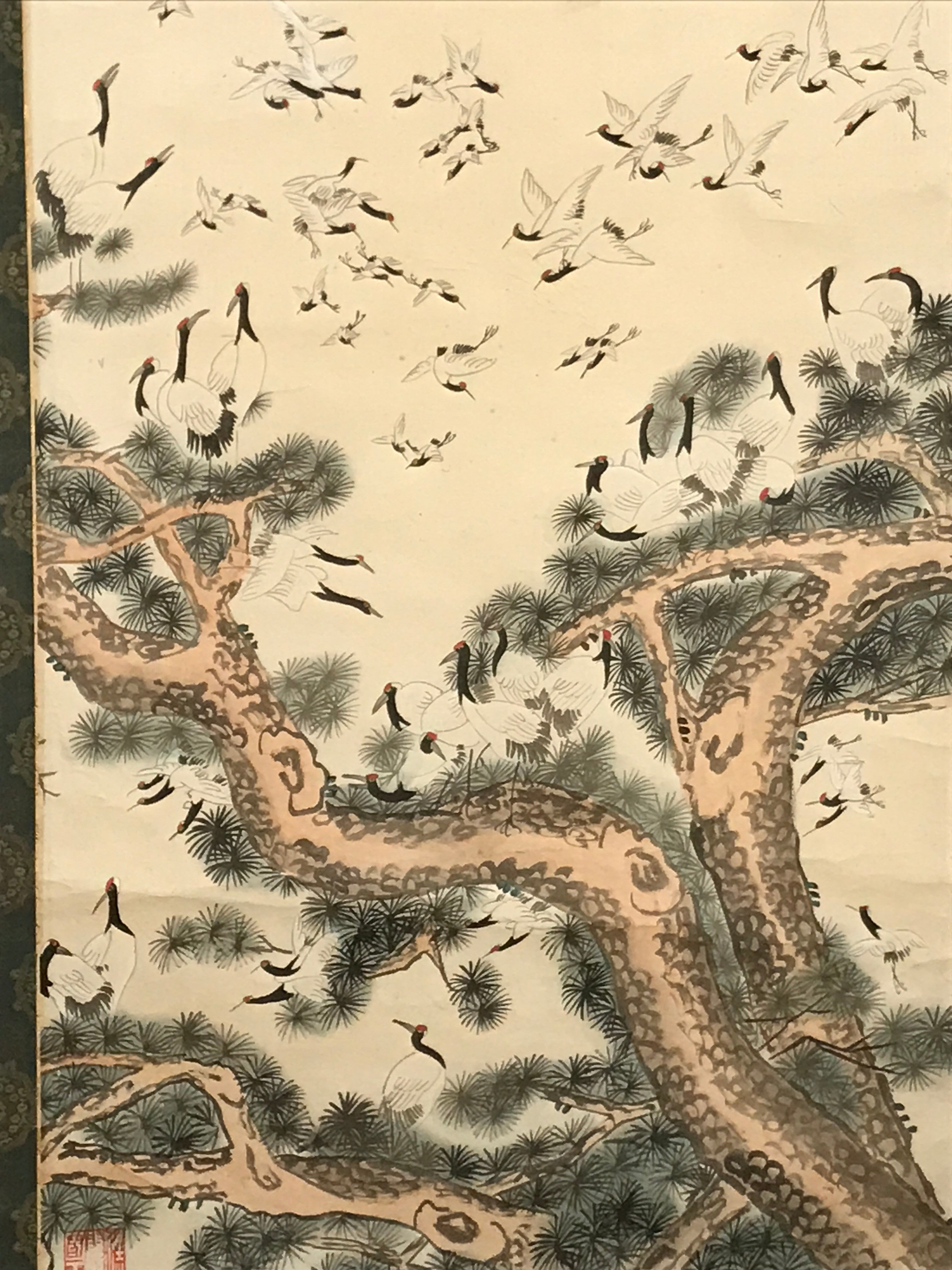 Japanese Hanging Scroll Vtg 100 Cranes Pine Tree Kakejiku Makimono SC807