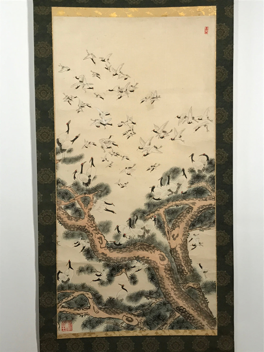 Japanese Hanging Scroll Vtg 100 Cranes Pine Tree Kakejiku Makimono SC807