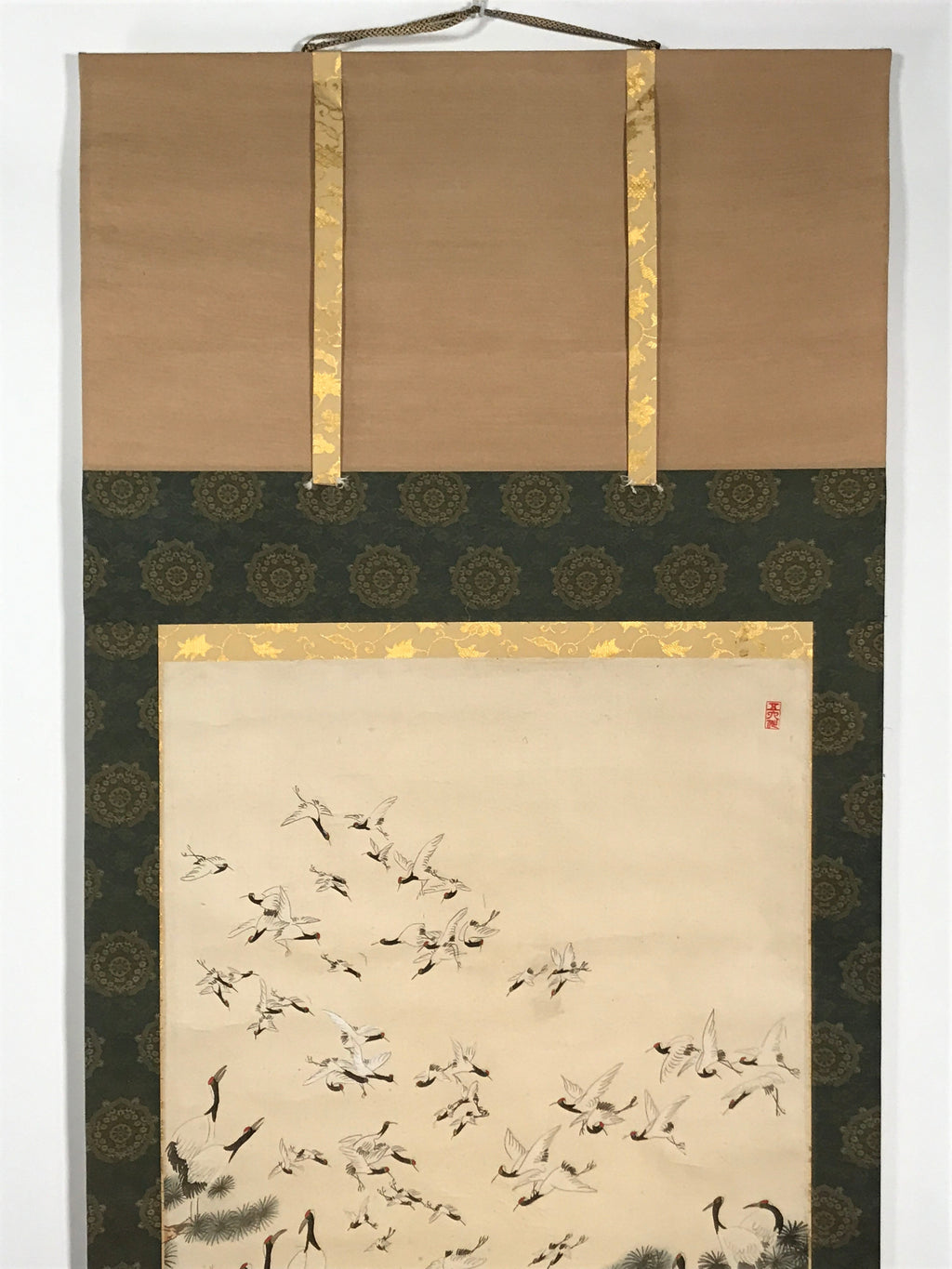 Japanese Hanging Scroll Vtg 100 Cranes Pine Tree Kakejiku Makimono SC807