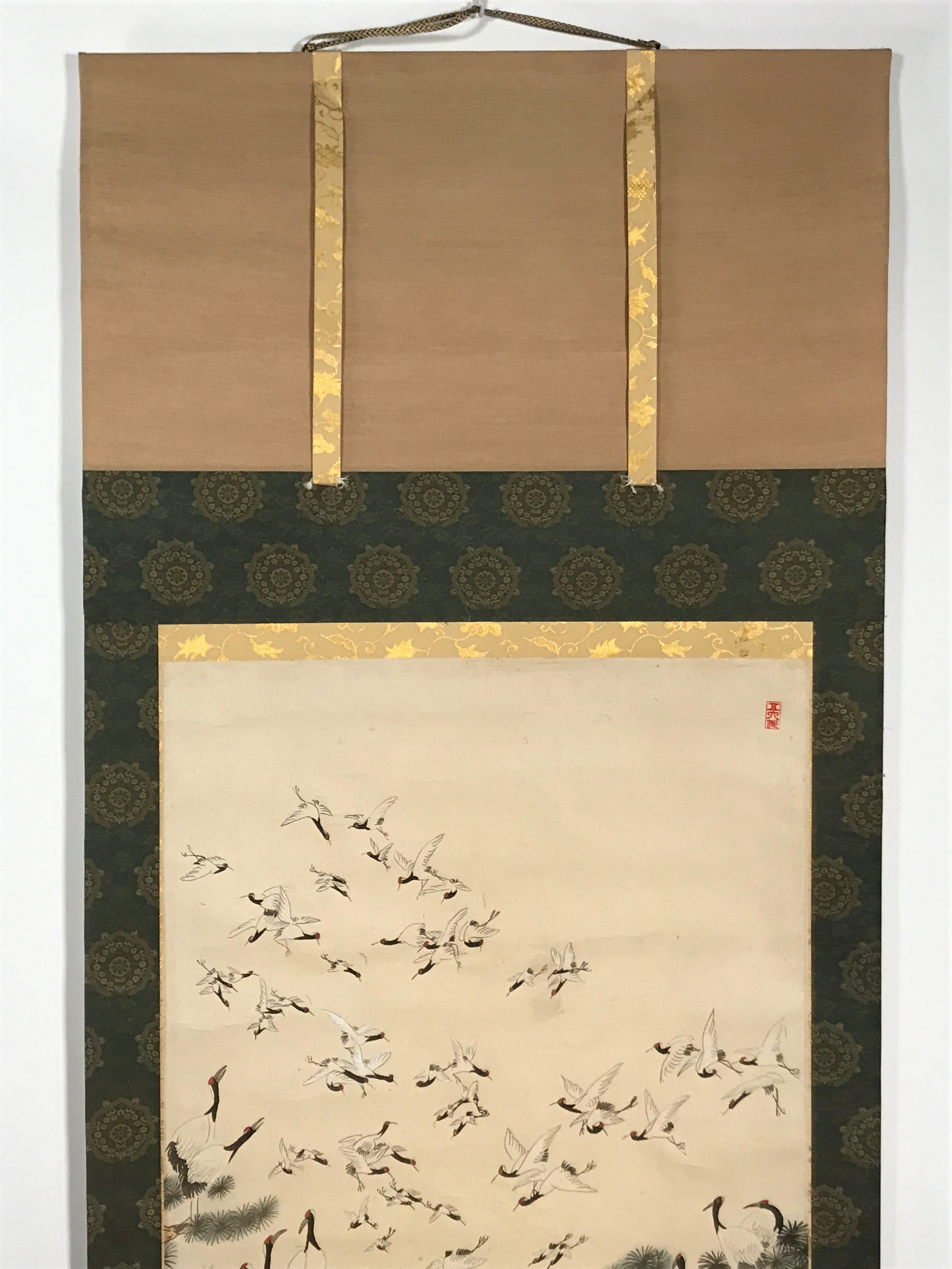 Japanese Hanging Scroll Vtg 100 Cranes Pine Tree Kakejiku Makimono SC807