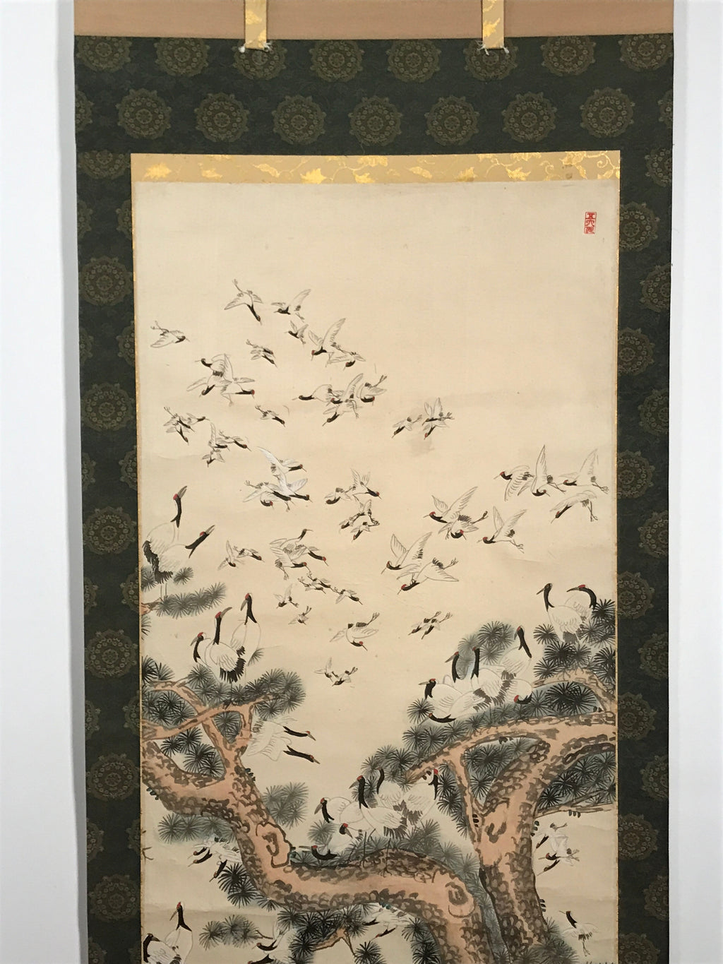 Japanese Hanging Scroll Vtg 100 Cranes Pine Tree Kakejiku Makimono SC807