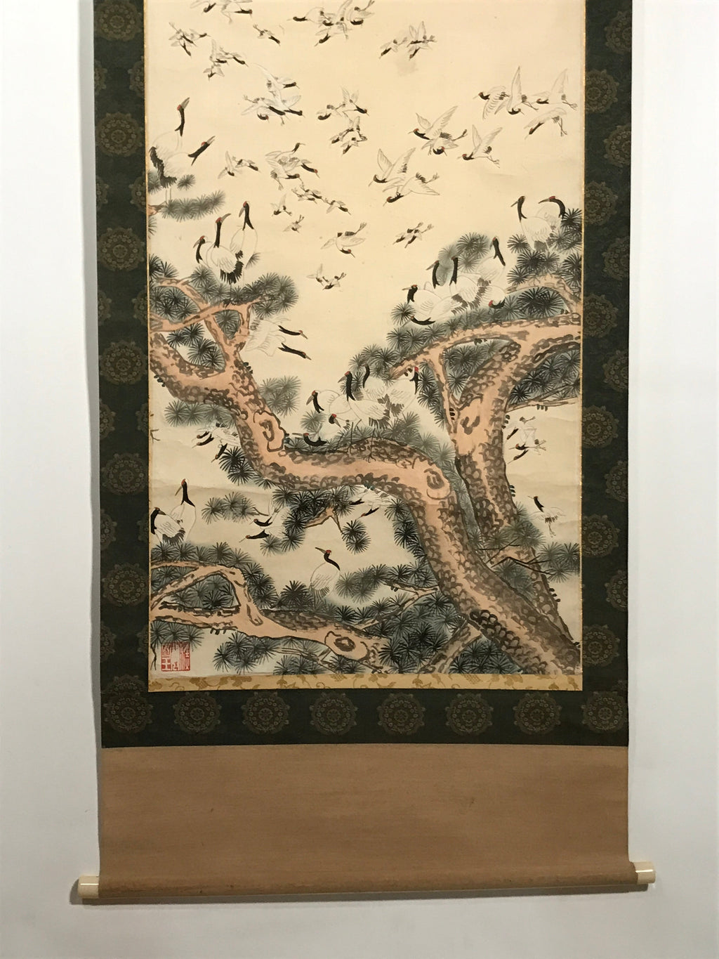 Japanese Hanging Scroll Vtg 100 Cranes Pine Tree Kakejiku Makimono SC807
