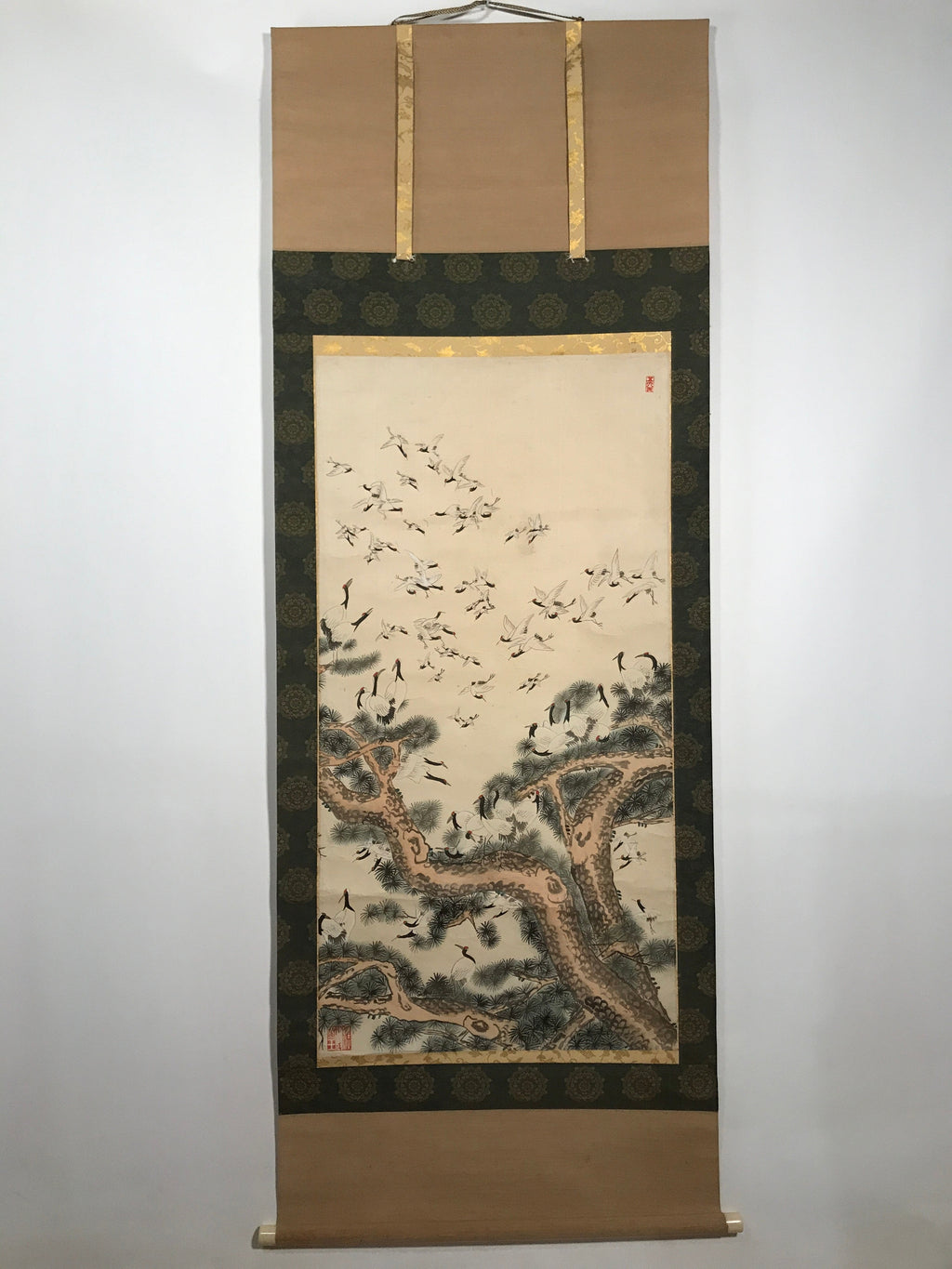 Japanese Hanging Scroll Vtg 100 Cranes Pine Tree Kakejiku Makimono SC807