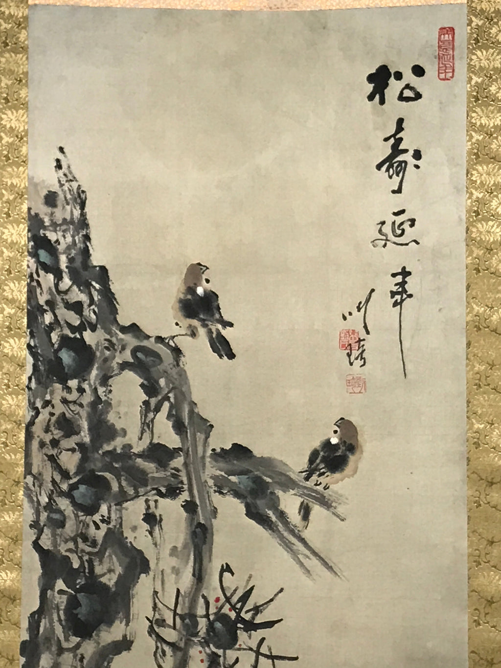 Japanese Hanging Scroll Vtg 2 House Sparrows Birds Branch Kacho Kakejiku SC884