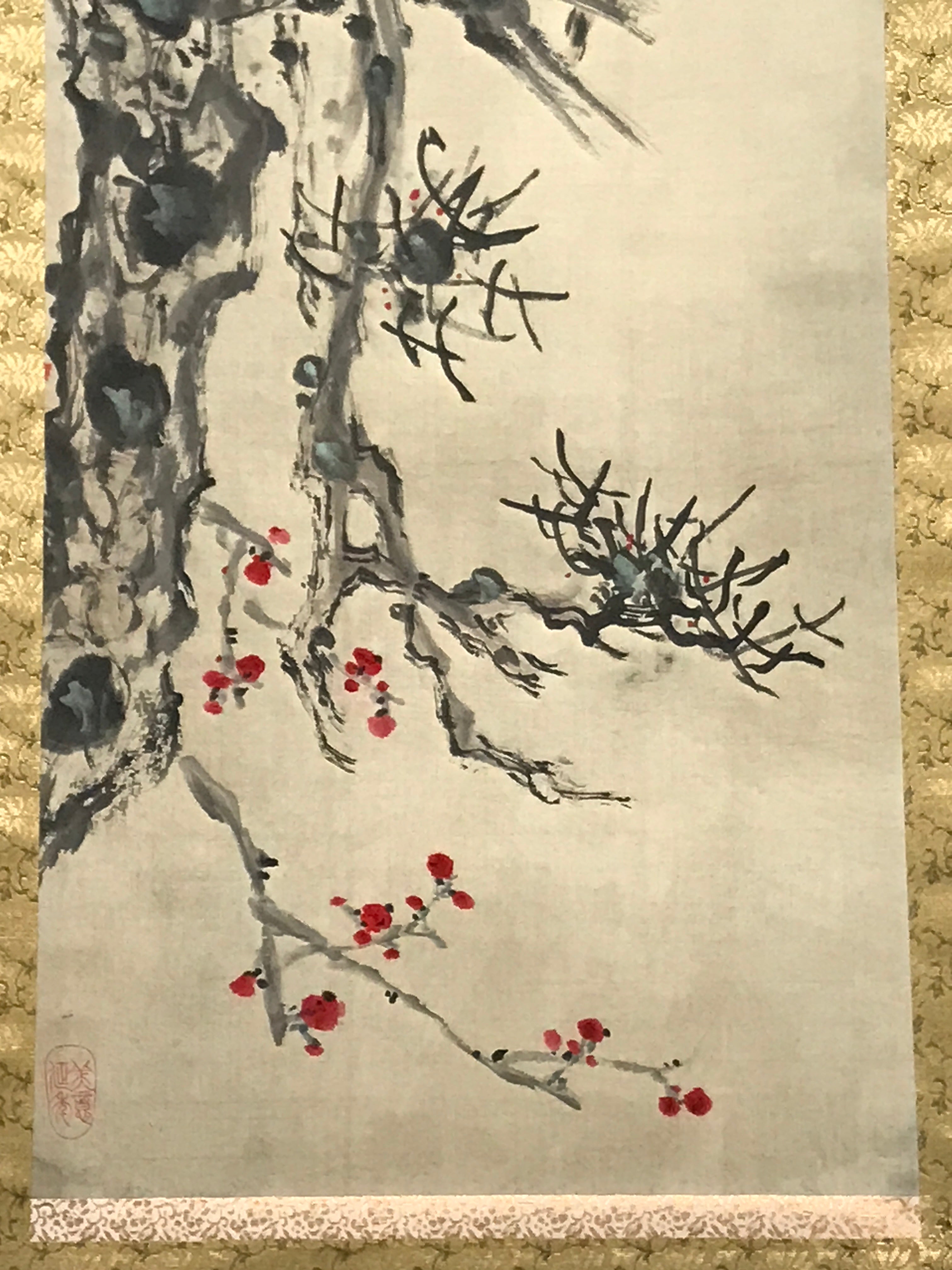 Japanese Hanging Scroll Vtg 2 House Sparrows Birds Branch Kacho Kakejiku SC884