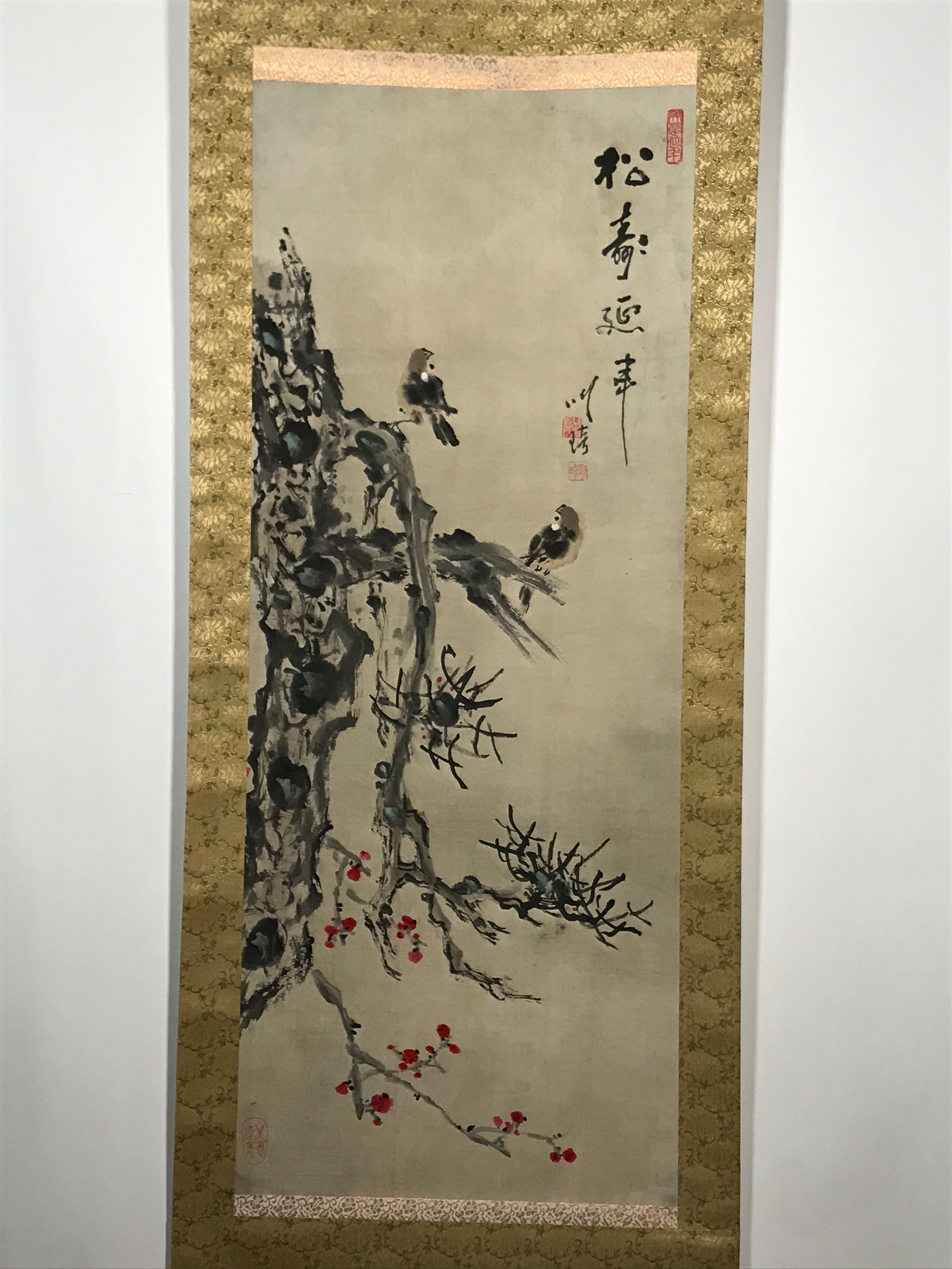 Japanese Hanging Scroll Vtg 2 House Sparrows Birds Branch Kacho Kakejiku SC884