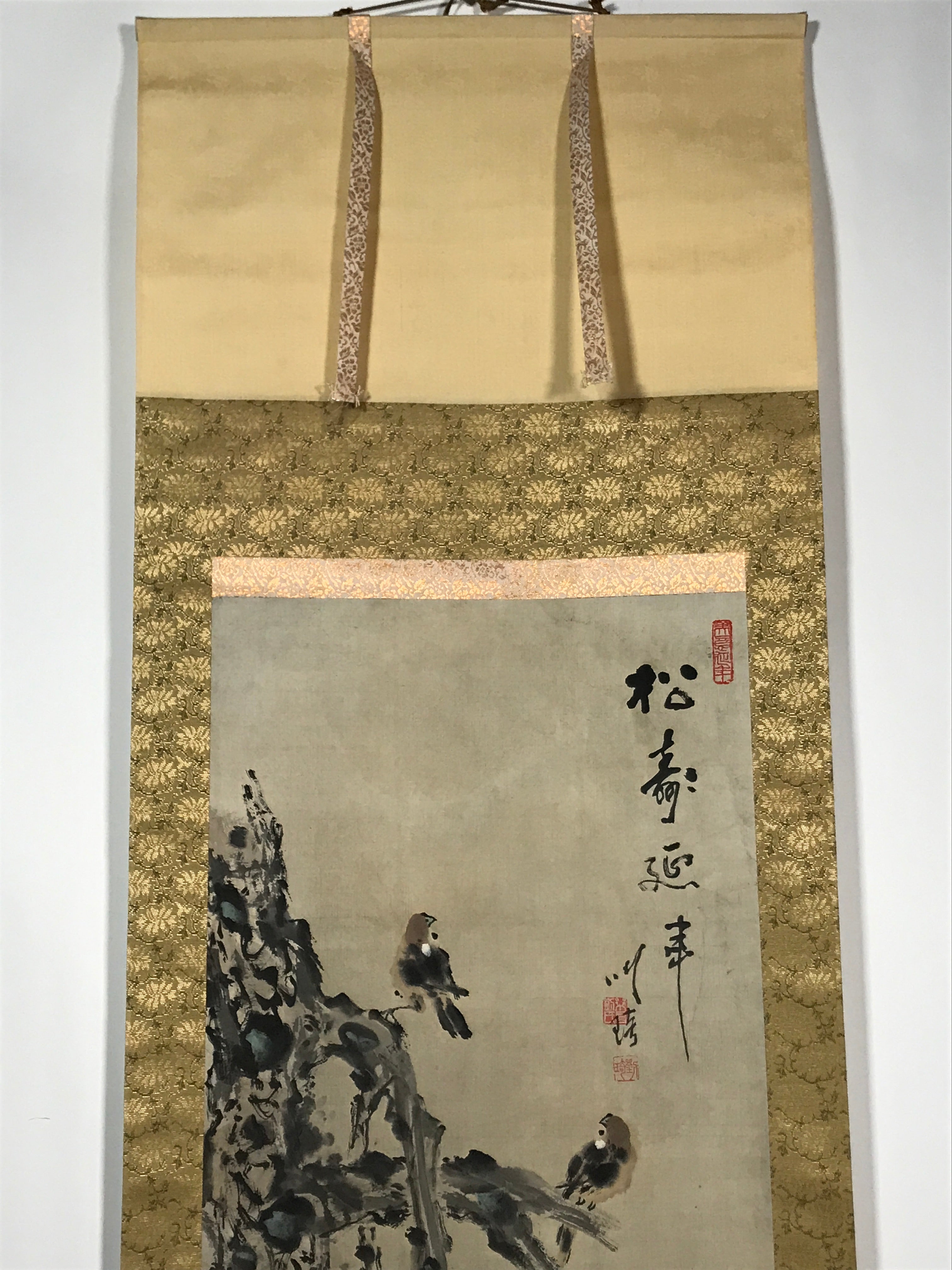 Japanese Hanging Scroll Vtg 2 House Sparrows Birds Branch Kacho Kakejiku SC884