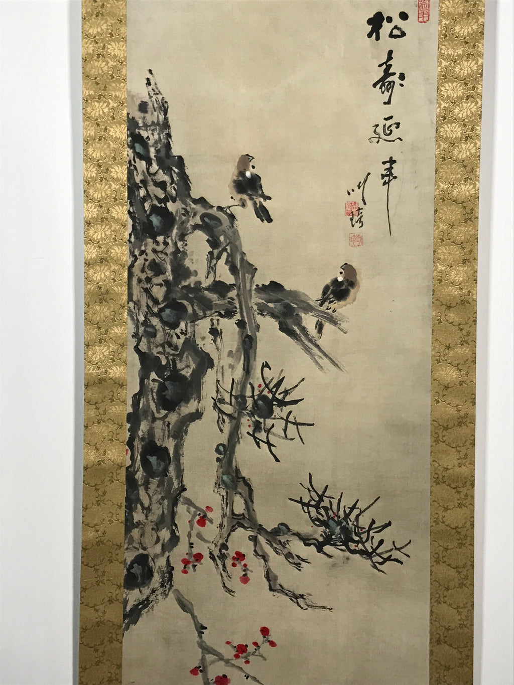 Japanese Hanging Scroll Vtg 2 House Sparrows Birds Branch Kacho Kakejiku SC884