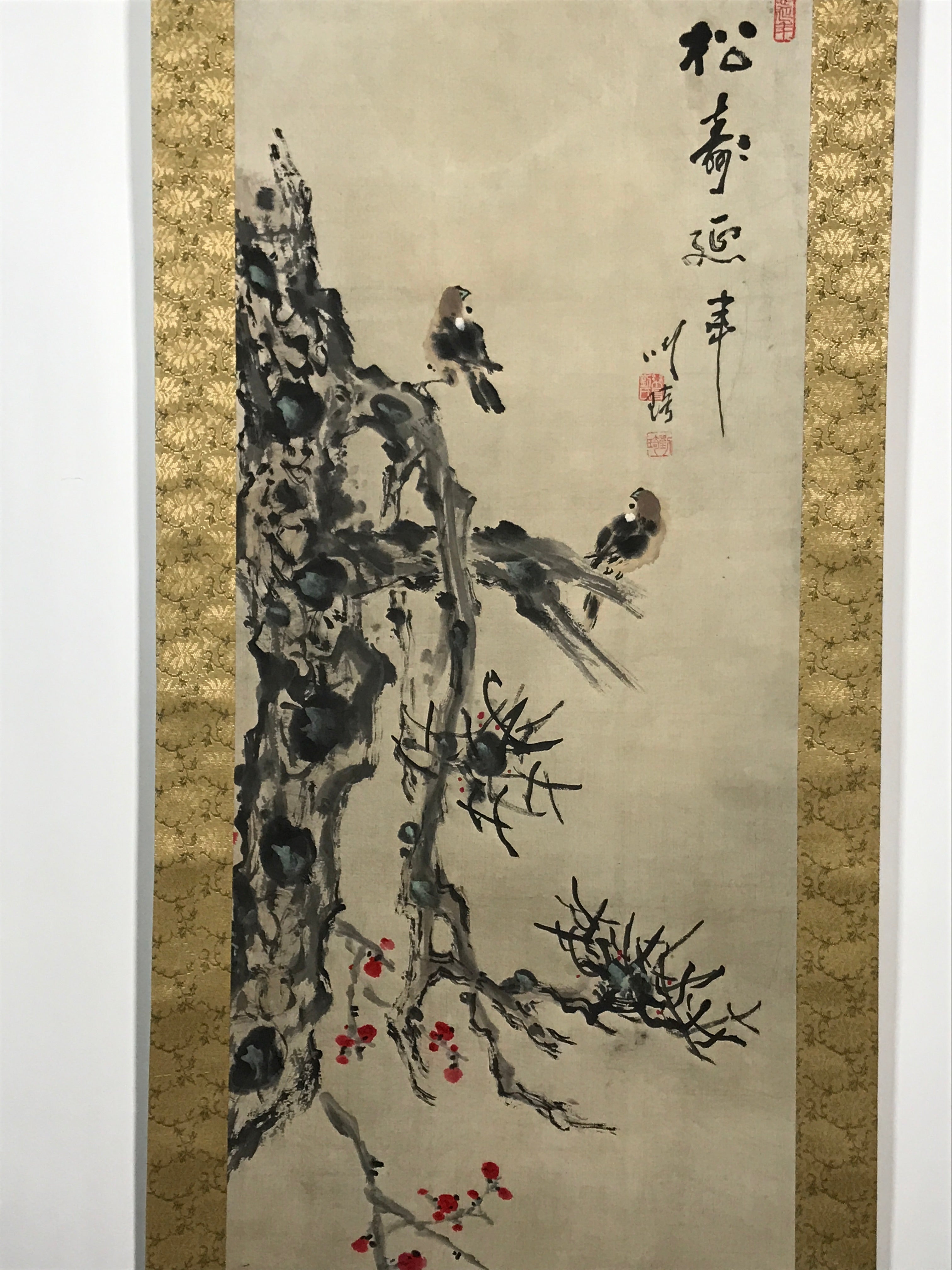 Japanese Hanging Scroll Vtg 2 House Sparrows Birds Branch Kacho Kakejiku SC884