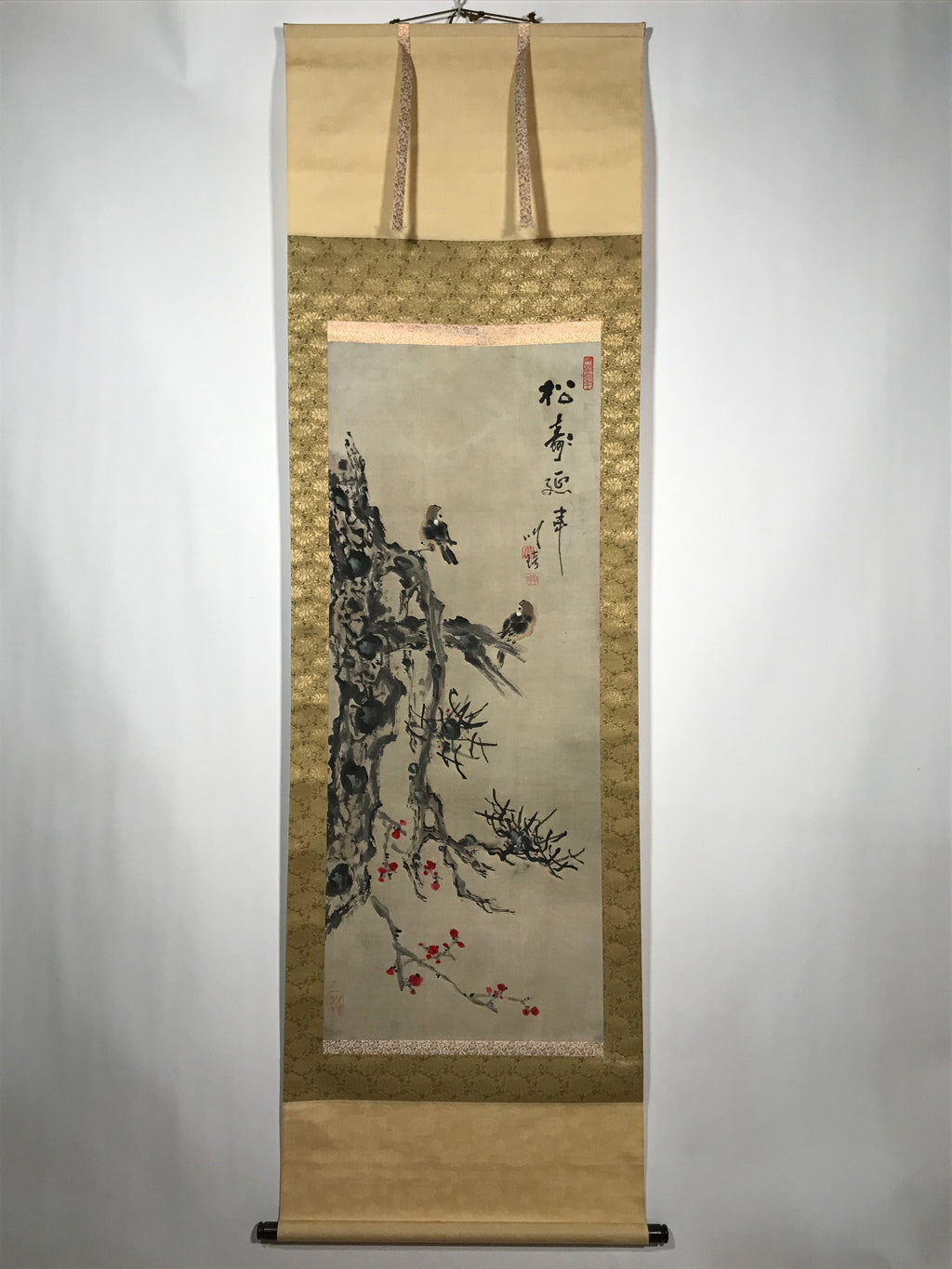 Japanese Hanging Scroll Vtg 2 House Sparrows Birds Branch Kacho Kakejiku SC884