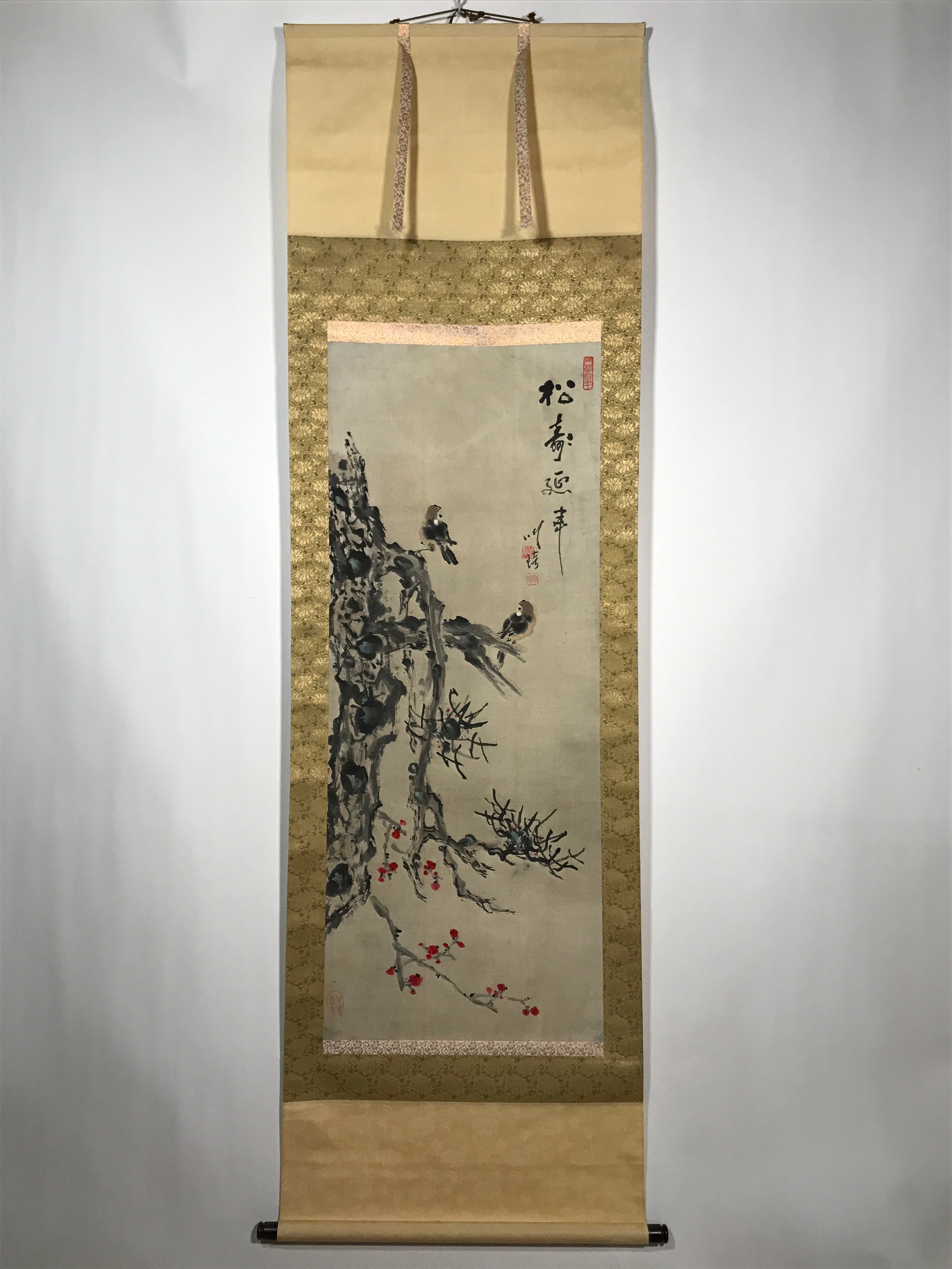 Japanese Hanging Scroll Vtg 2 House Sparrows Birds Branch Kacho Kakejiku SC884
