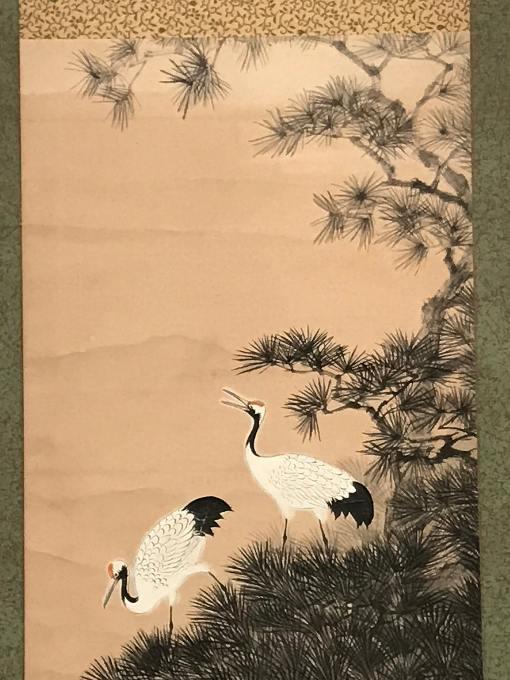 Japanese Hanging Scroll Vtg 2 White Cranes Pine Tree Kakejiku Chagake SC907