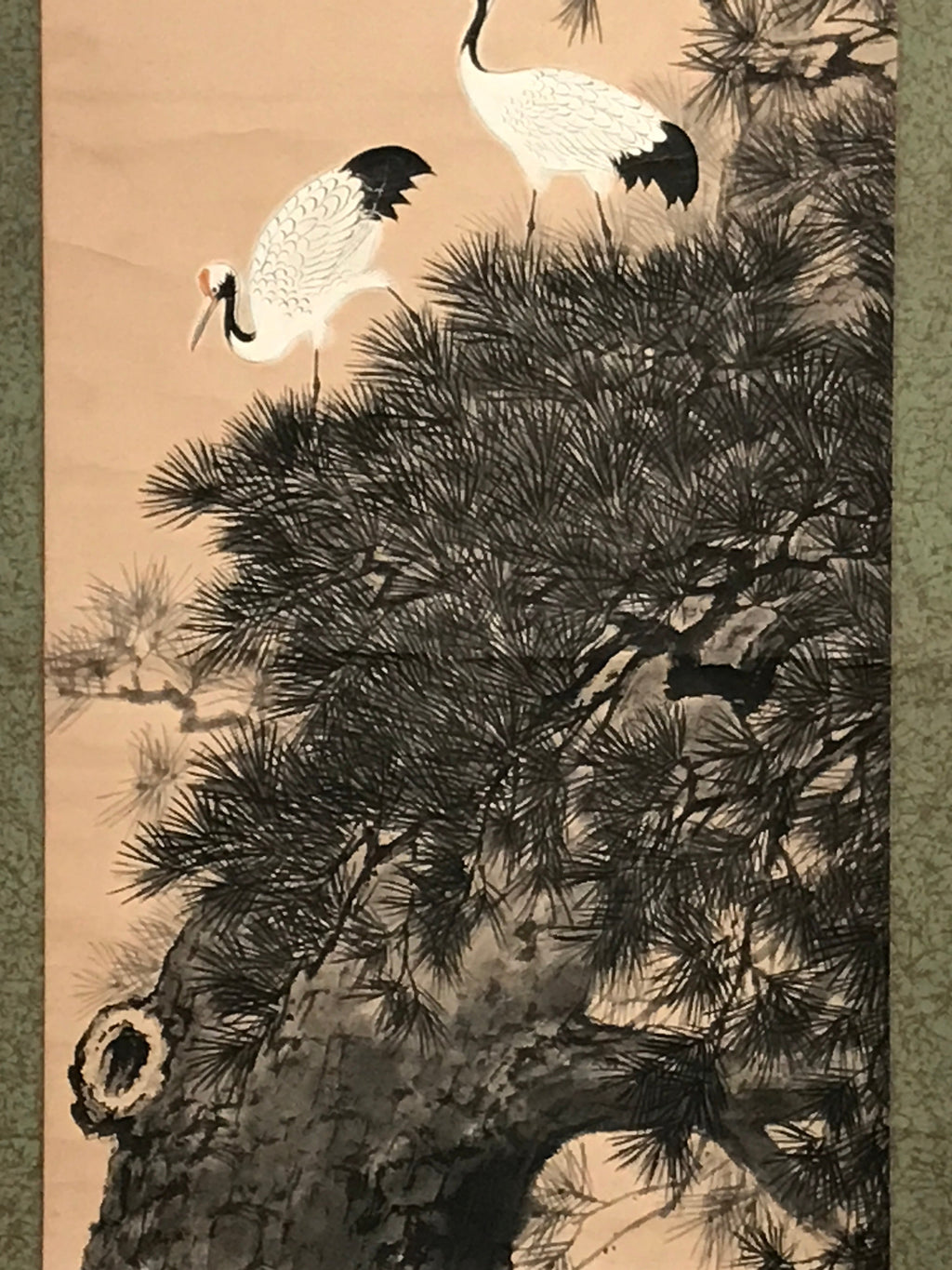 Japanese Hanging Scroll Vtg 2 White Cranes Pine Tree Kakejiku Chagake SC907