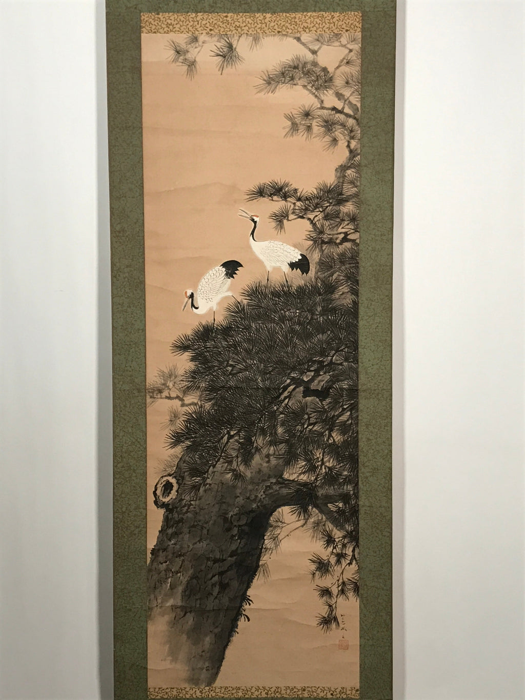 Japanese Hanging Scroll Vtg 2 White Cranes Pine Tree Kakejiku Chagake SC907