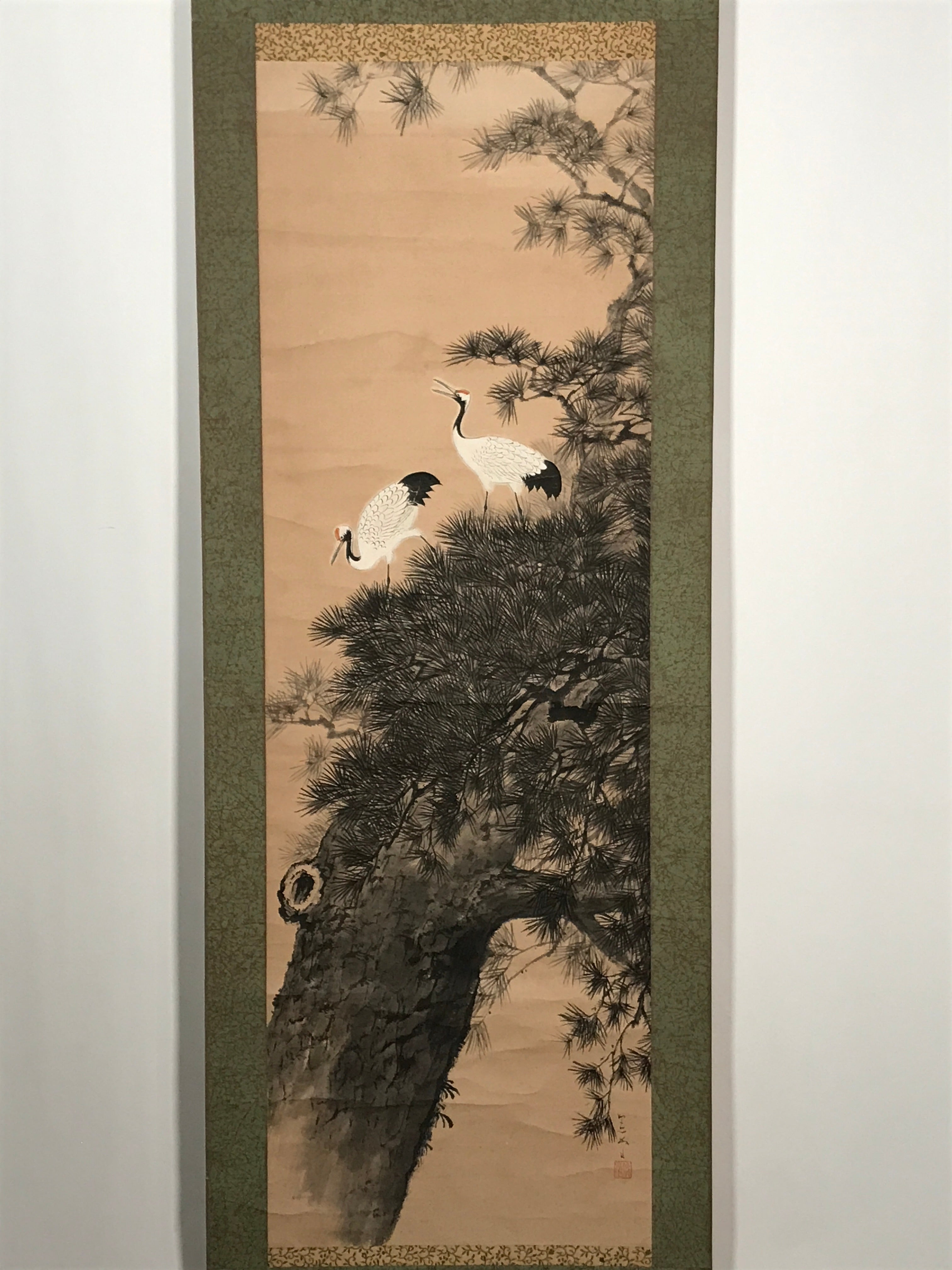 Japanese Hanging Scroll Vtg 2 White Cranes Pine Tree Kakejiku Chagake SC907