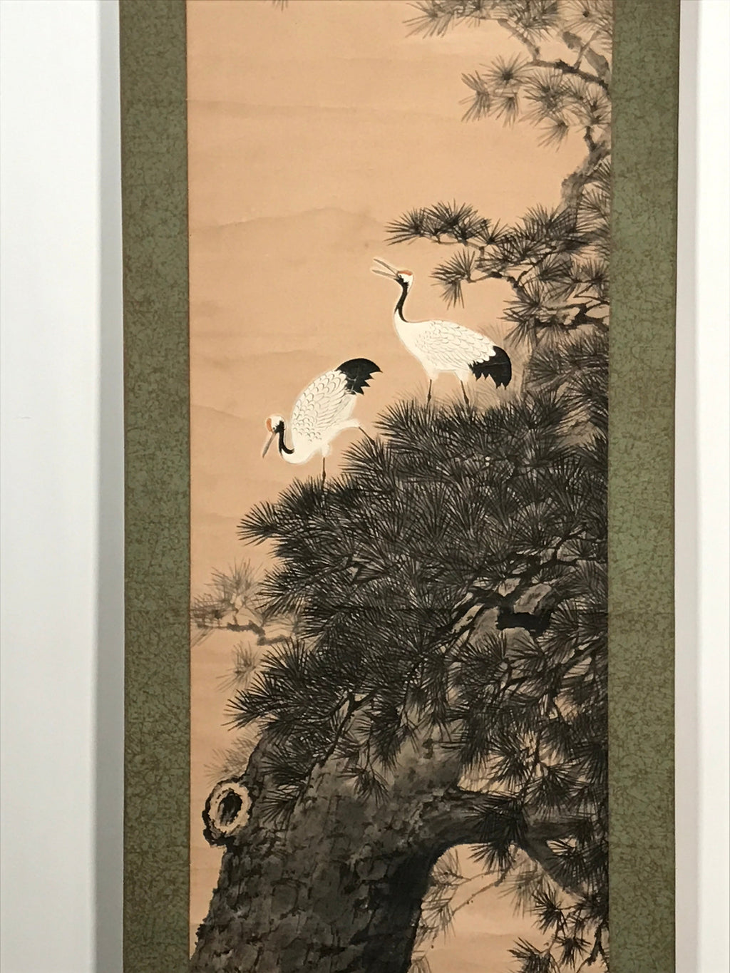 Japanese Hanging Scroll Vtg 2 White Cranes Pine Tree Kakejiku Chagake SC907