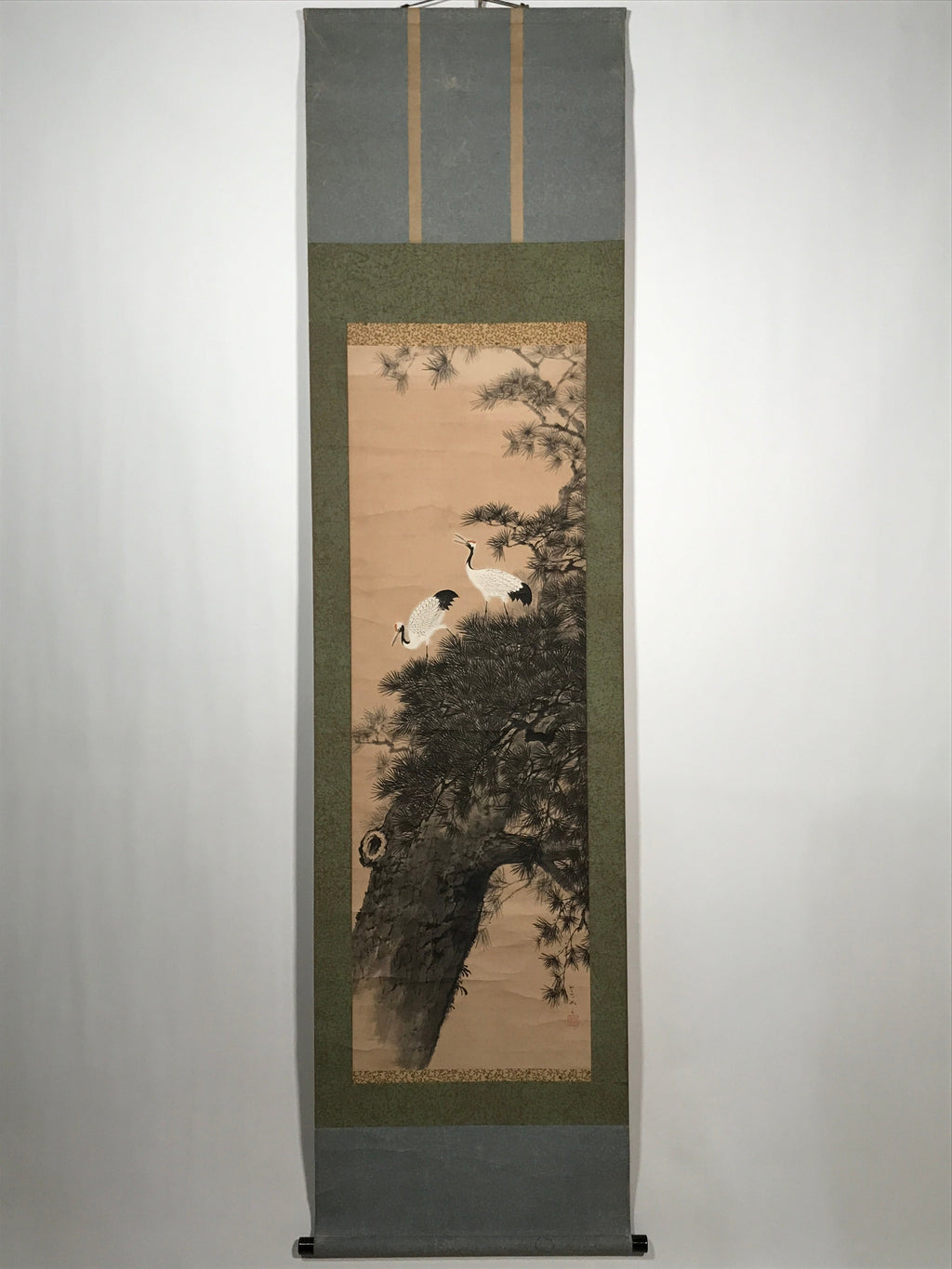 Japanese Hanging Scroll Vtg 2 White Cranes Pine Tree Kakejiku Chagake SC907