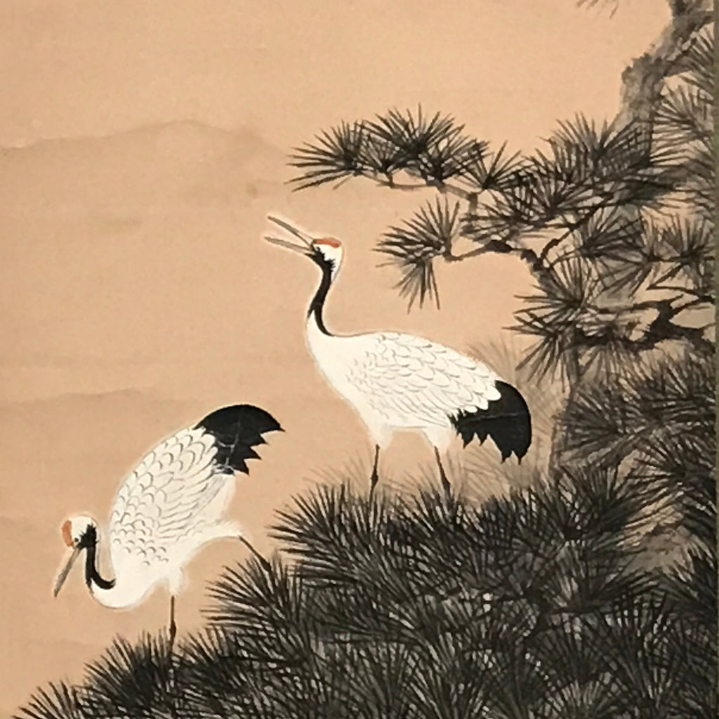 Japanese Hanging Scroll Vtg 2 White Cranes Pine Tree Kakejiku Chagake SC907