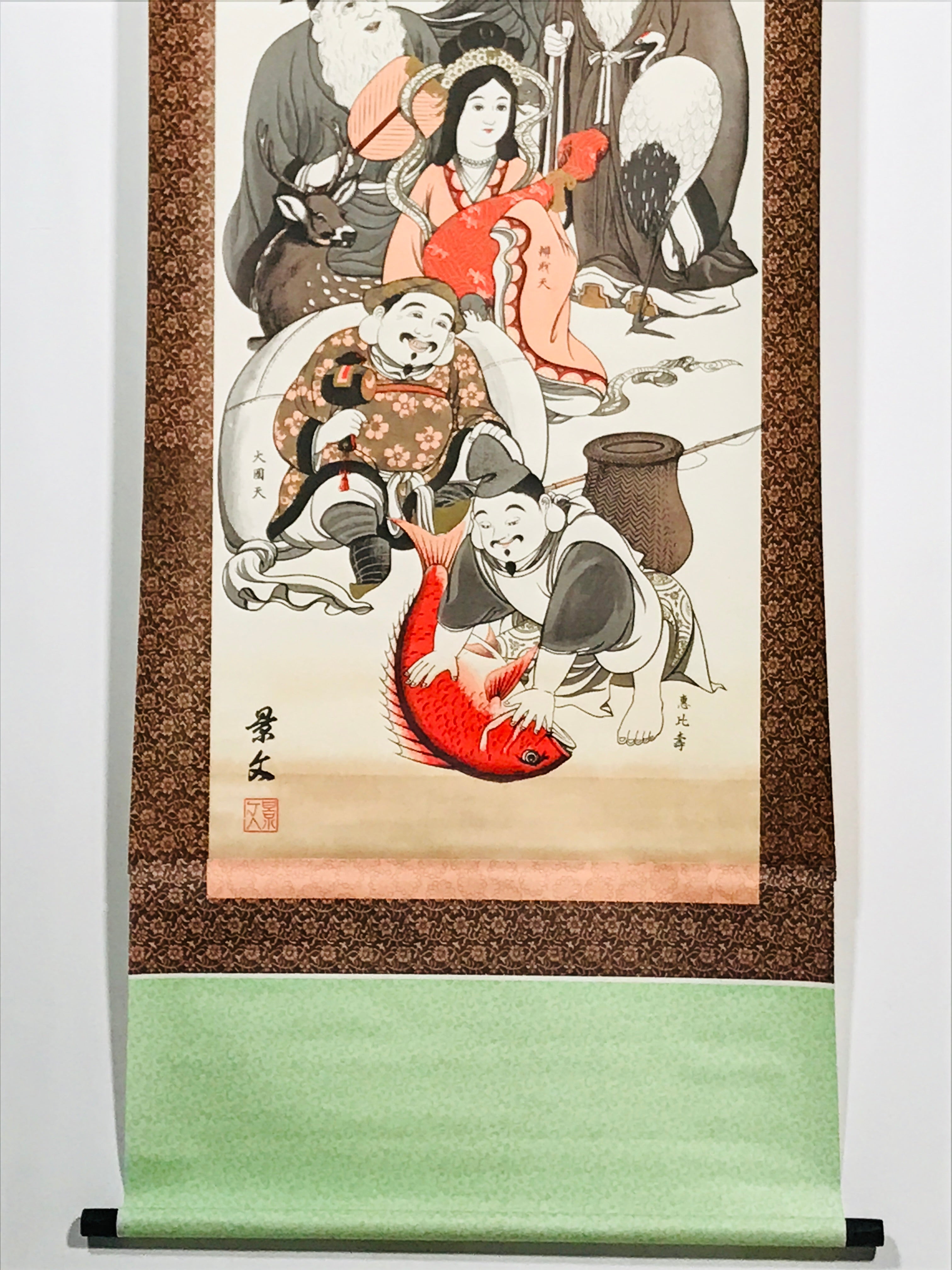 Japanese Hanging Scroll Vtg 7 Lucky Gods Colored Kakejiku Chagake SC917