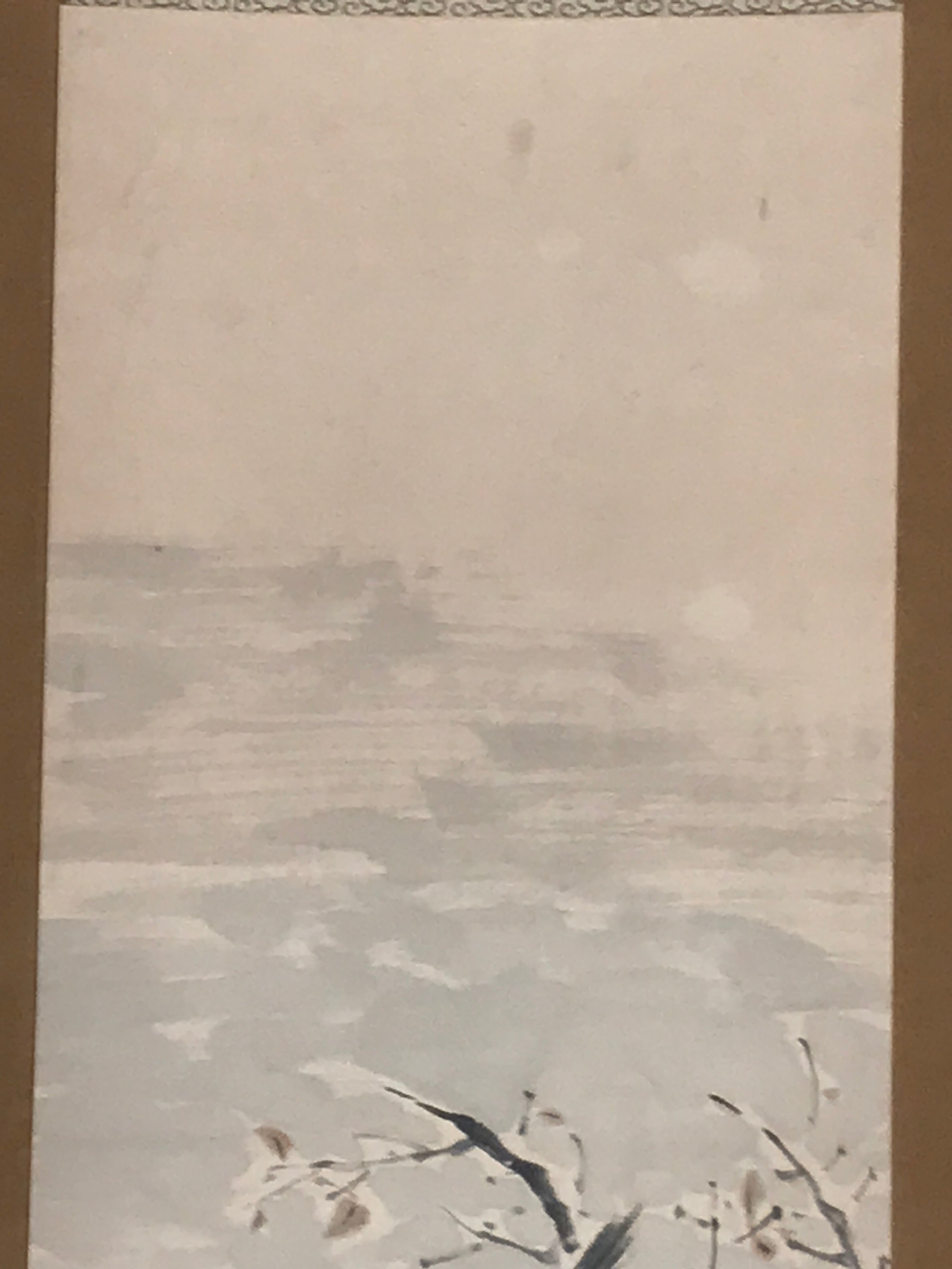 Japanese Hanging Scroll Vtg Bird Snow Trees Winter Scenery Kakejiku SC815