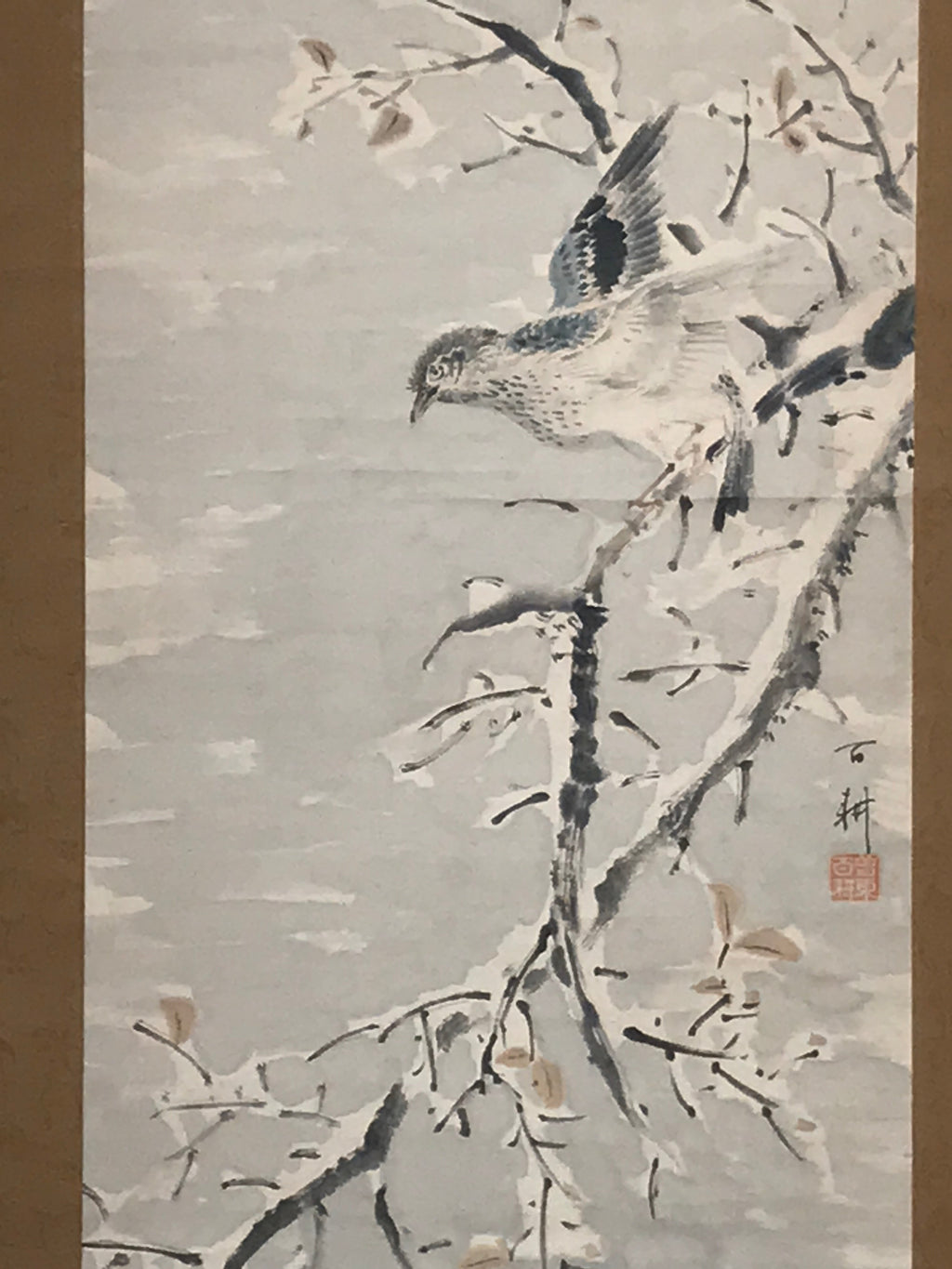 Japanese Hanging Scroll Vtg Bird Snow Trees Winter Scenery Kakejiku SC815