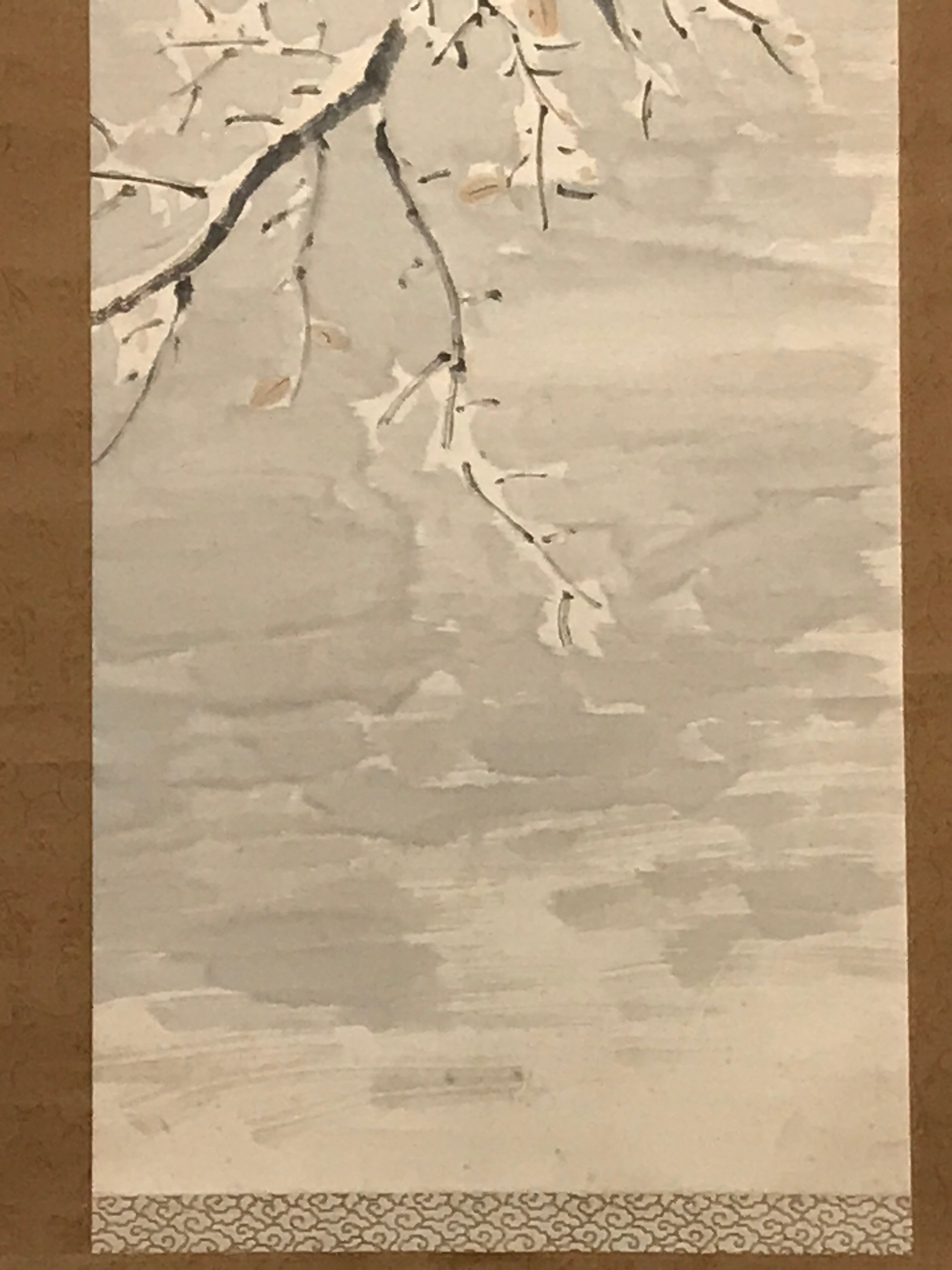Japanese Hanging Scroll Vtg Bird Snow Trees Winter Scenery Kakejiku SC815