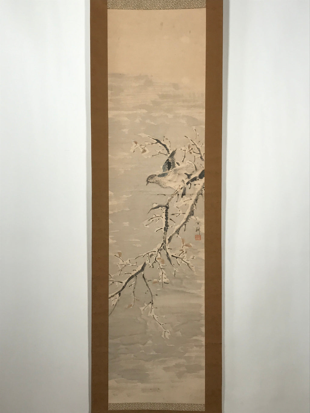 Japanese Hanging Scroll Vtg Bird Snow Trees Winter Scenery Kakejiku SC815
