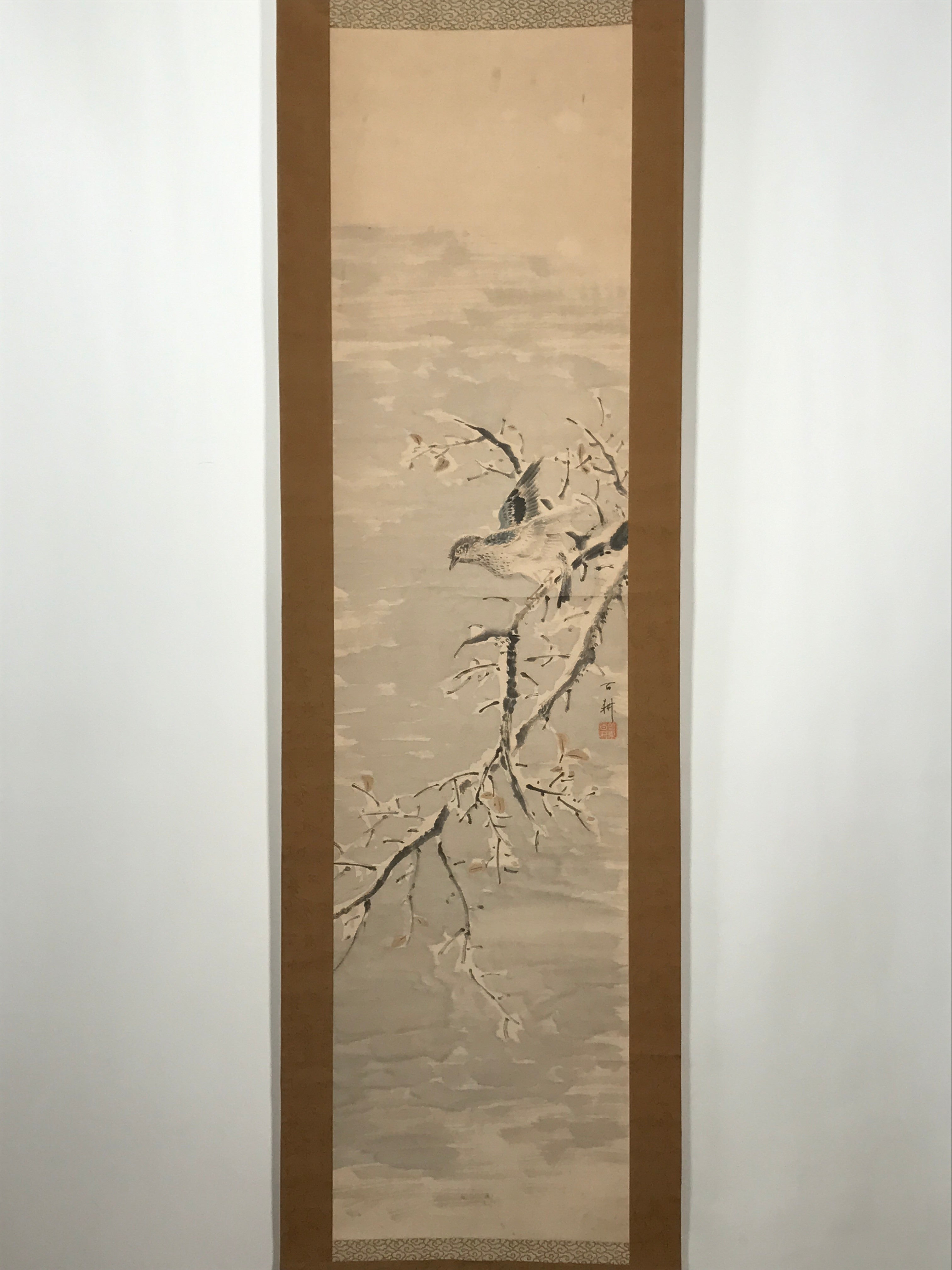Japanese Hanging Scroll Vtg Bird Snow Trees Winter Scenery Kakejiku SC815