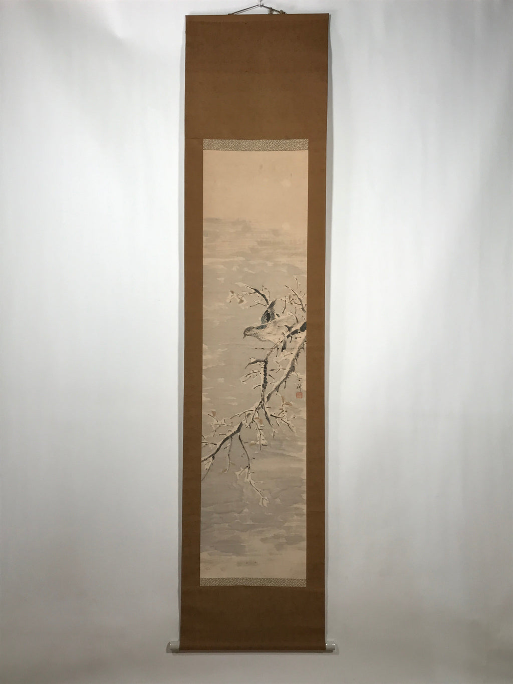 Japanese Hanging Scroll Vtg Bird Snow Trees Winter Scenery Kakejiku SC815