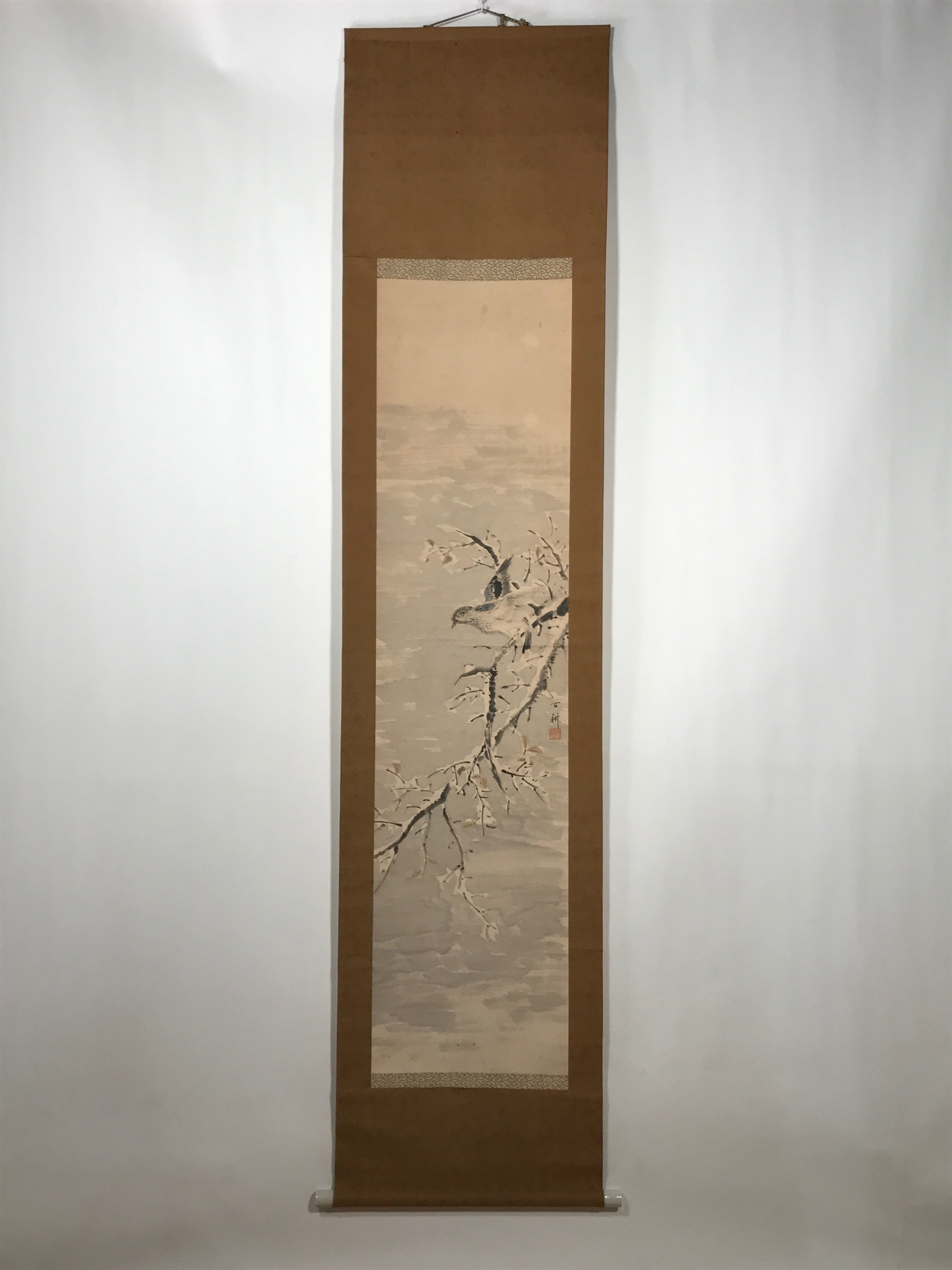 Japanese Hanging Scroll Vtg Bird Snow Trees Winter Scenery Kakejiku SC815