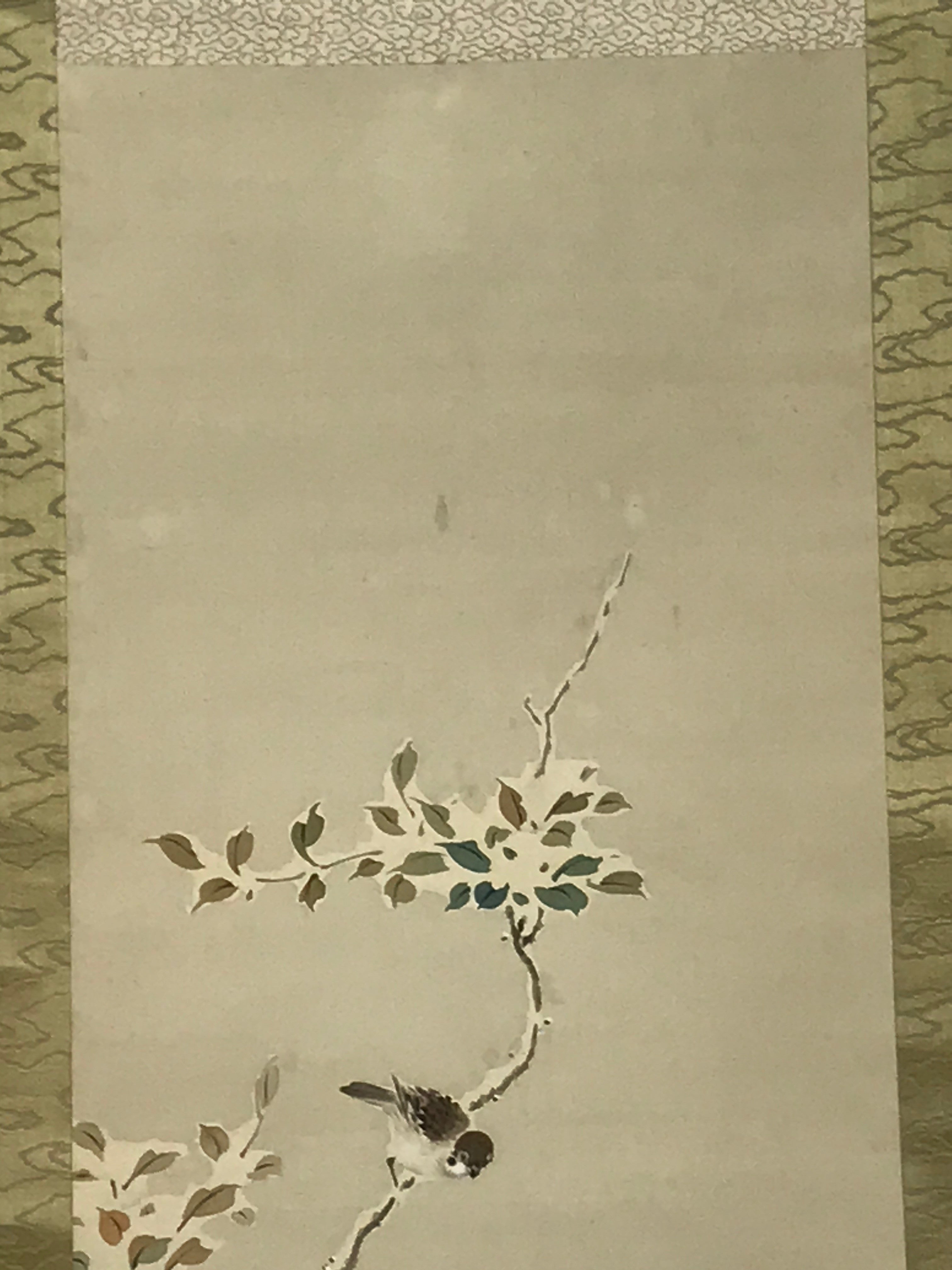 Japanese Hanging Scroll Vtg Bird Tree Branch Snow Winter Kacho Kakejiku SC842