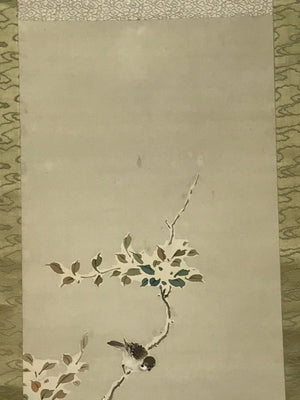 Japanese Hanging Scroll Vtg Bird Tree Branch Snow Winter Kacho Kakejiku SC842