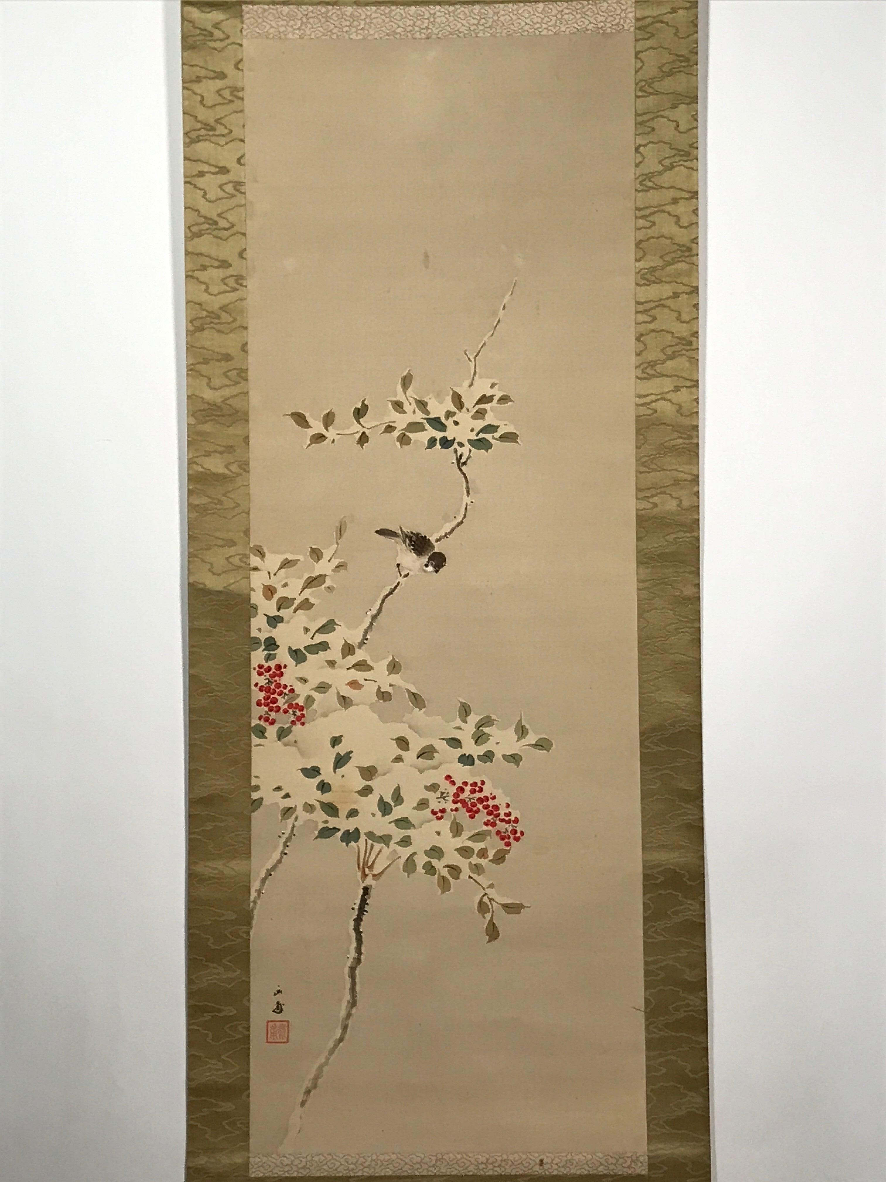 Japanese Hanging Scroll Vtg Bird Tree Branch Snow Winter Kacho Kakejiku SC842